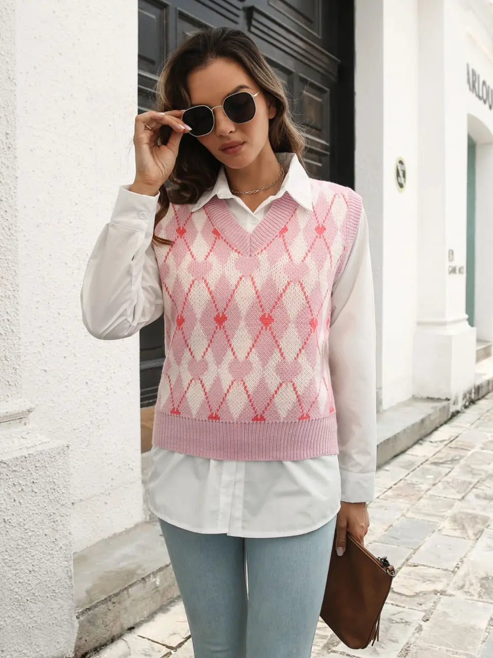 Geometric V-Neck Sweater Vest in Blush Pink, view 3