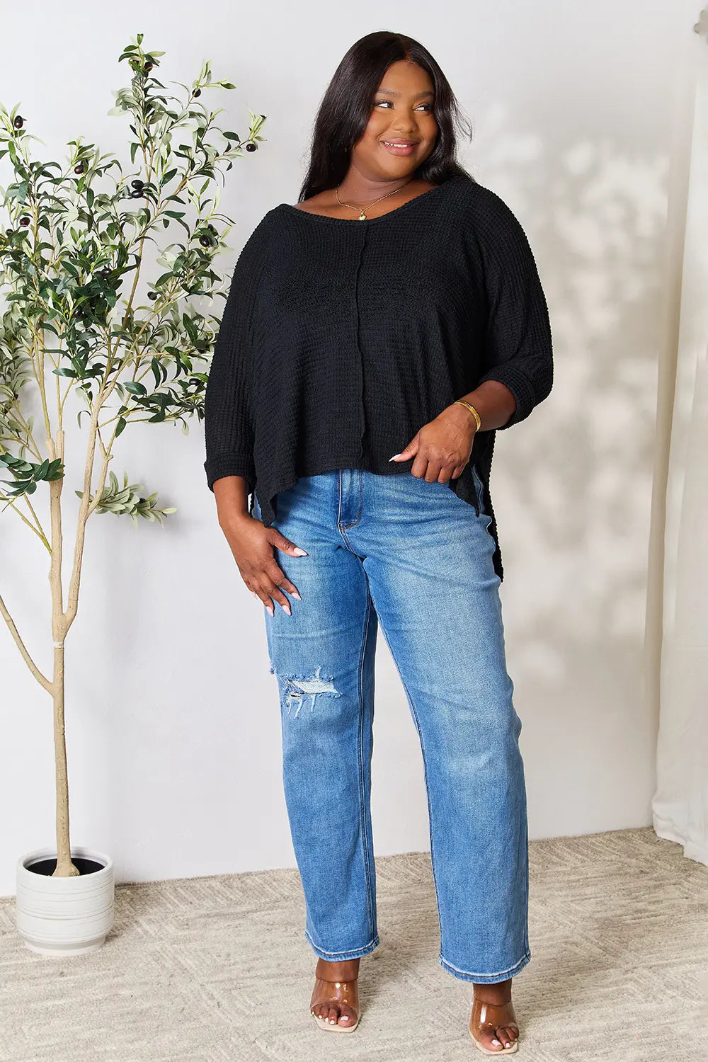 Zenana Full Size Round Neck High-Low Slit Knit Top - Lilixa.store