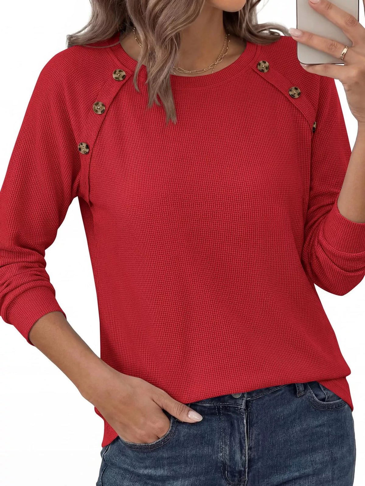 Decorative Button Waffle Knit Long Sleeve T-Shirt