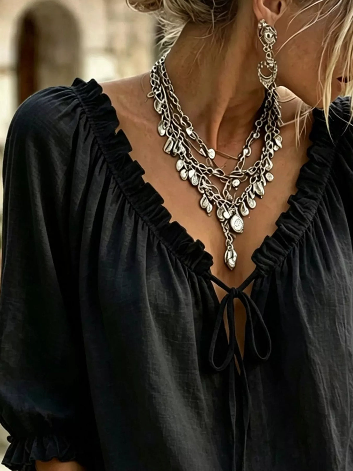 Frill Tie Neck 3/4 Sleeve Blouse - Lilixa.store
