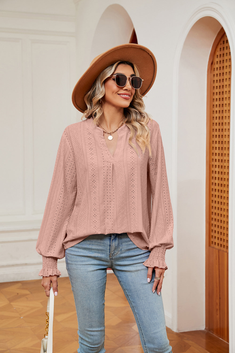 Notched Neck Flounce Sleeve Blouse, view 16