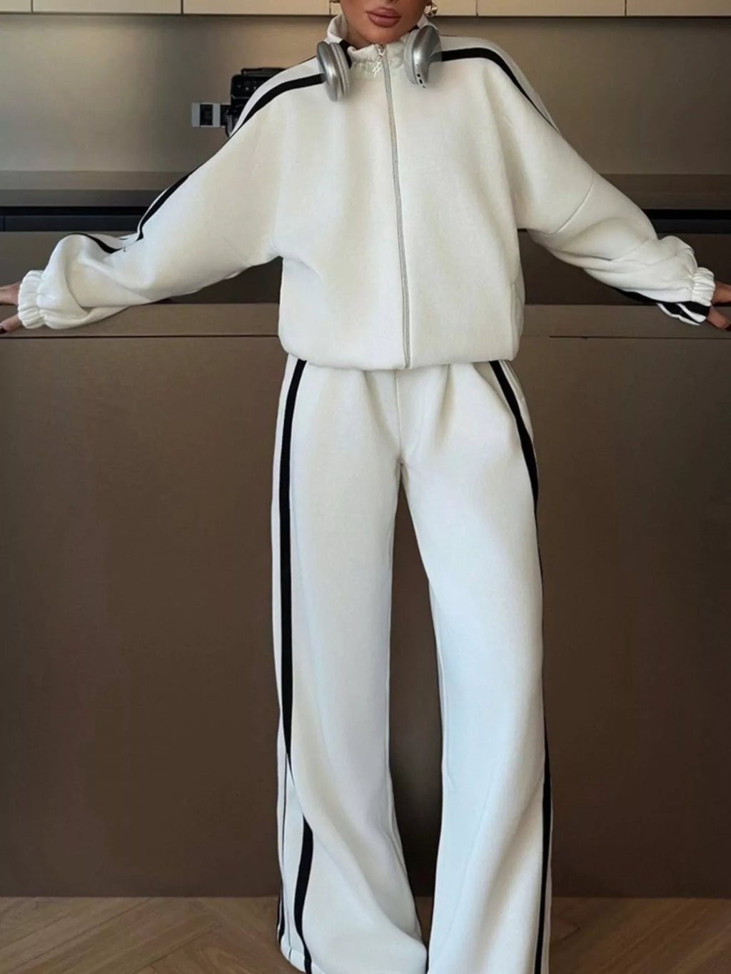 Side Stripes Zip Up Top and Pants Set - Lilixa.store