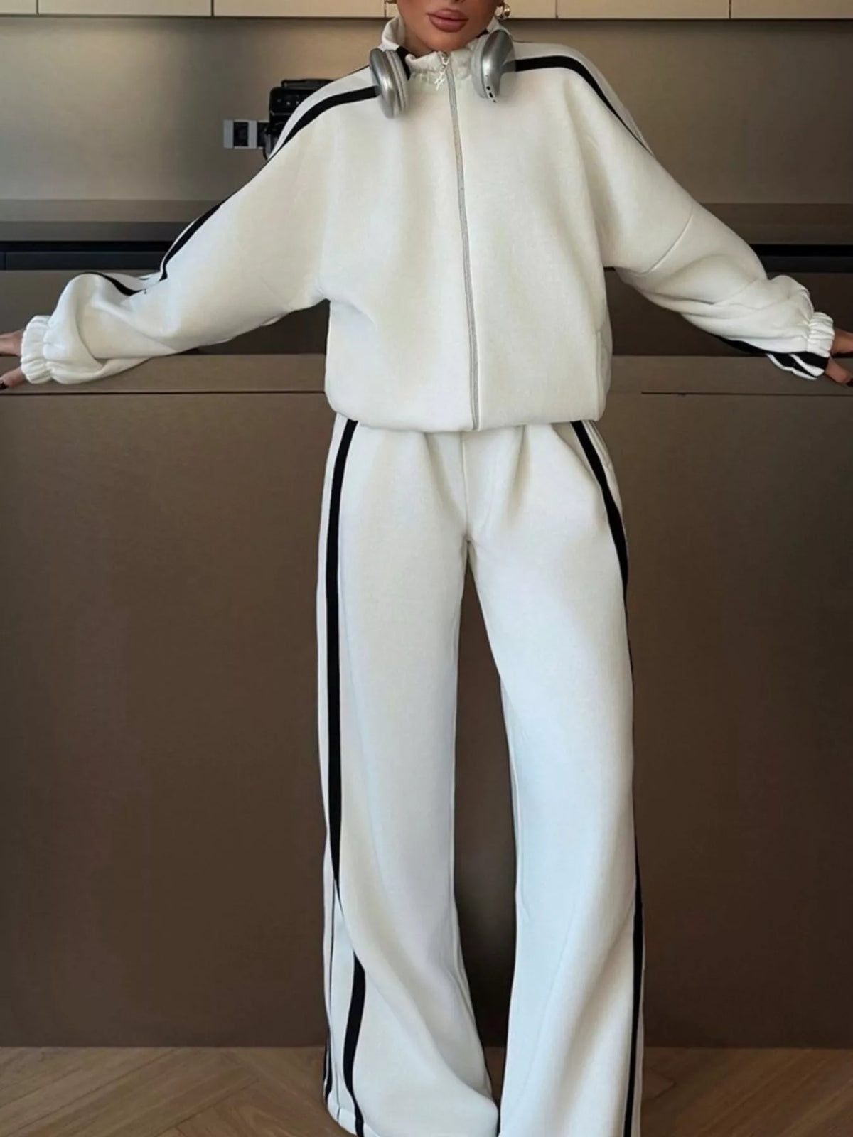Side Stripes Zip Up Top and Pants Set - Lilixa.store