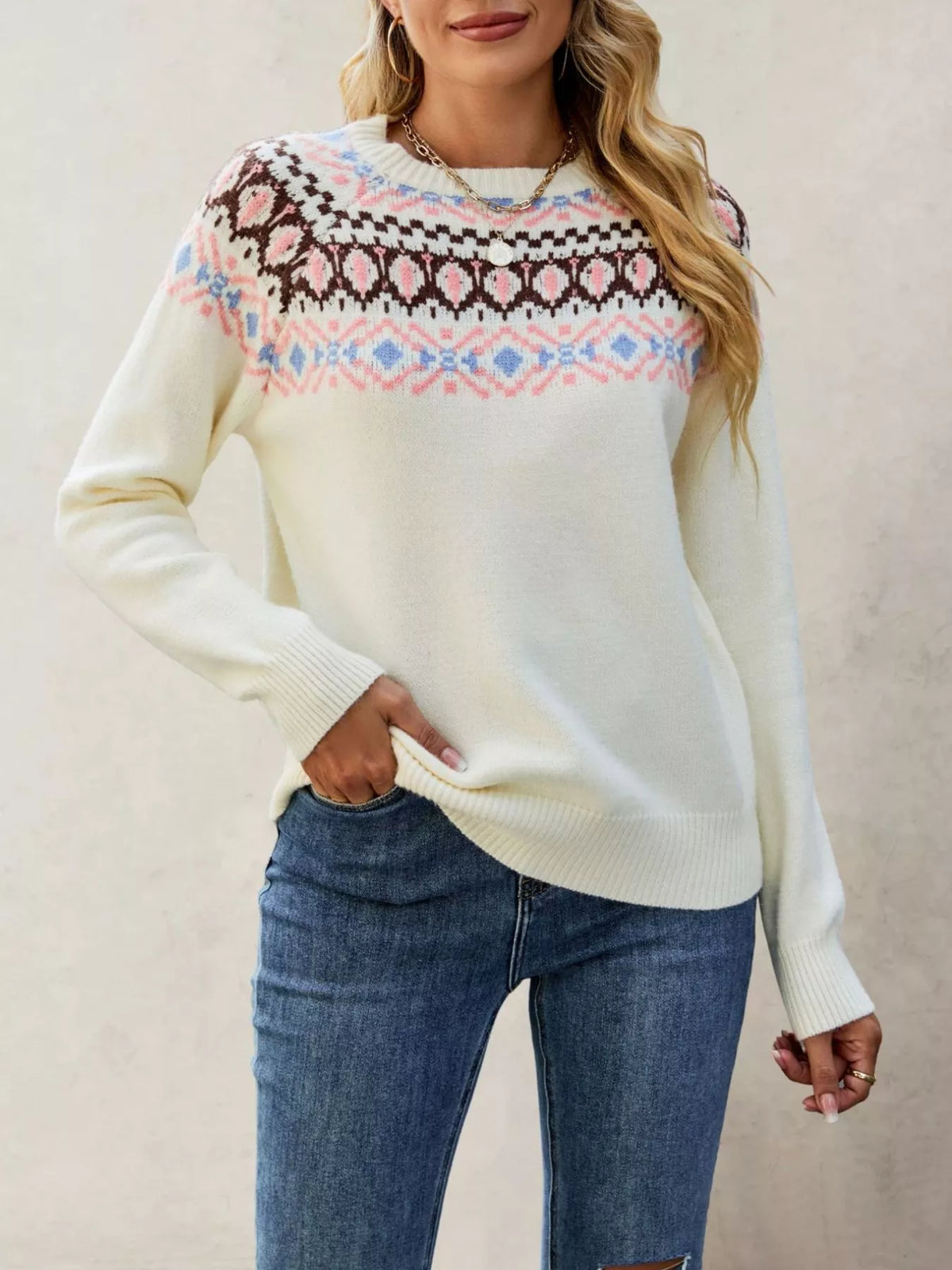 Fair Isle Pattern Crew Neck Sweater
