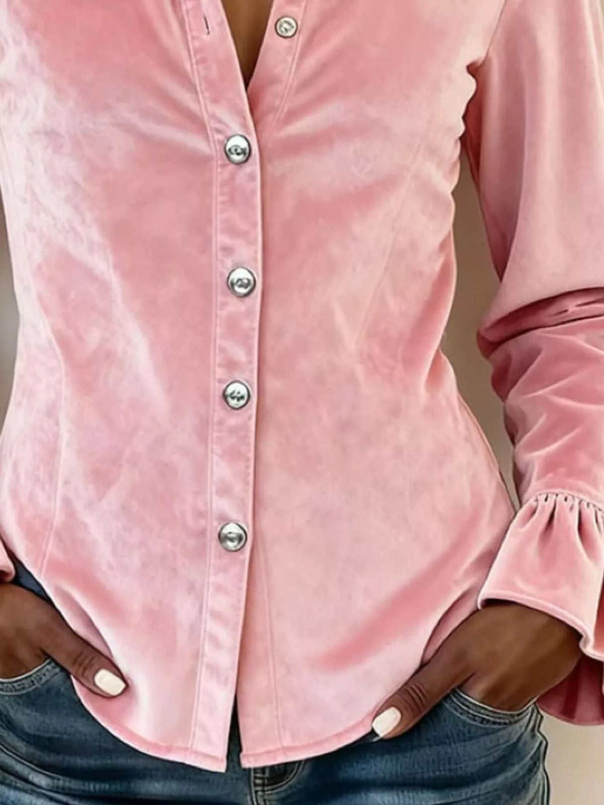 Full Size Button Up Flounce Sleeve Shirt Plus Size, view 2