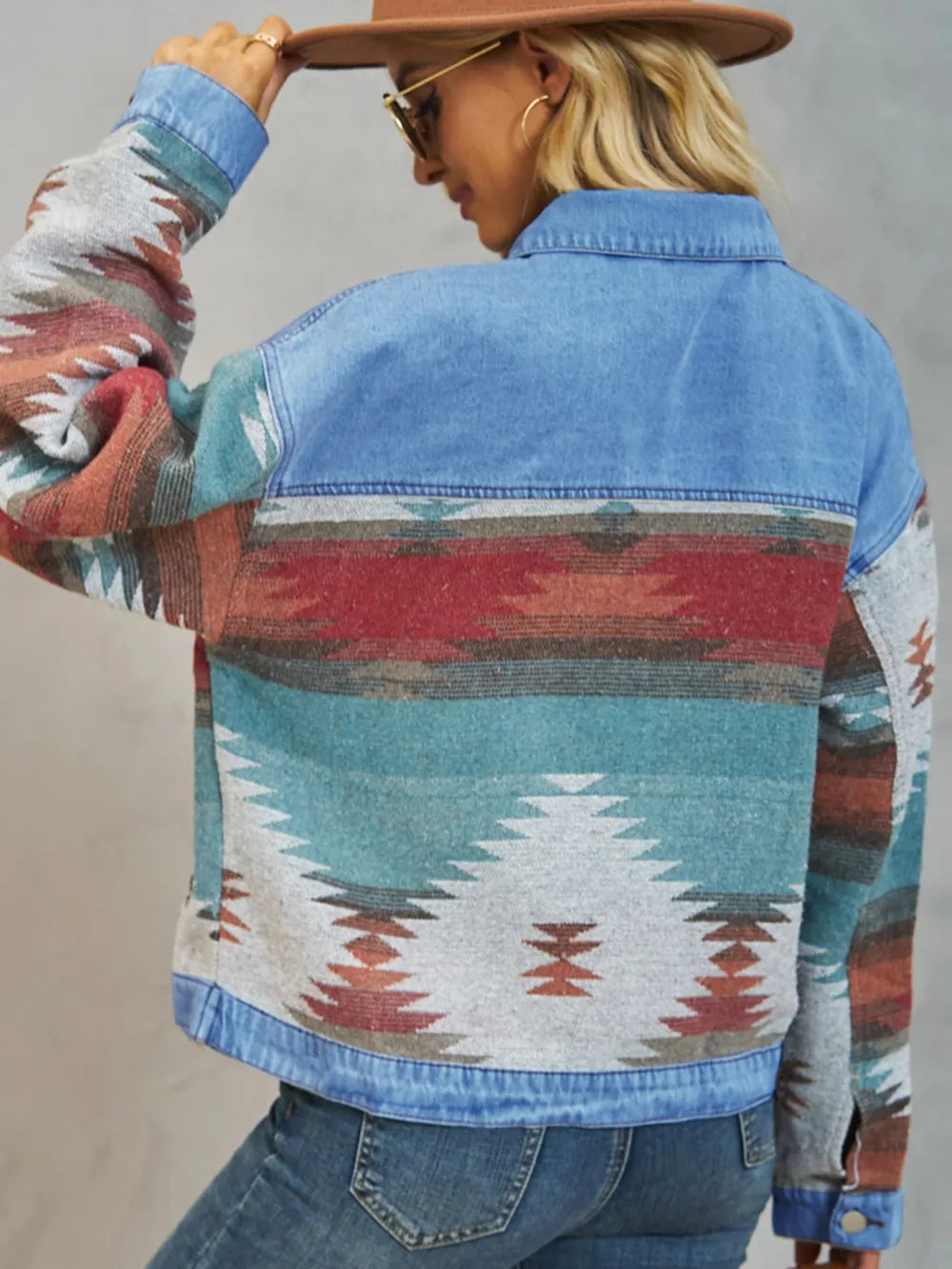 Geometric Button Up Dropped Shoulder Denim Jacket - Lilixa.store