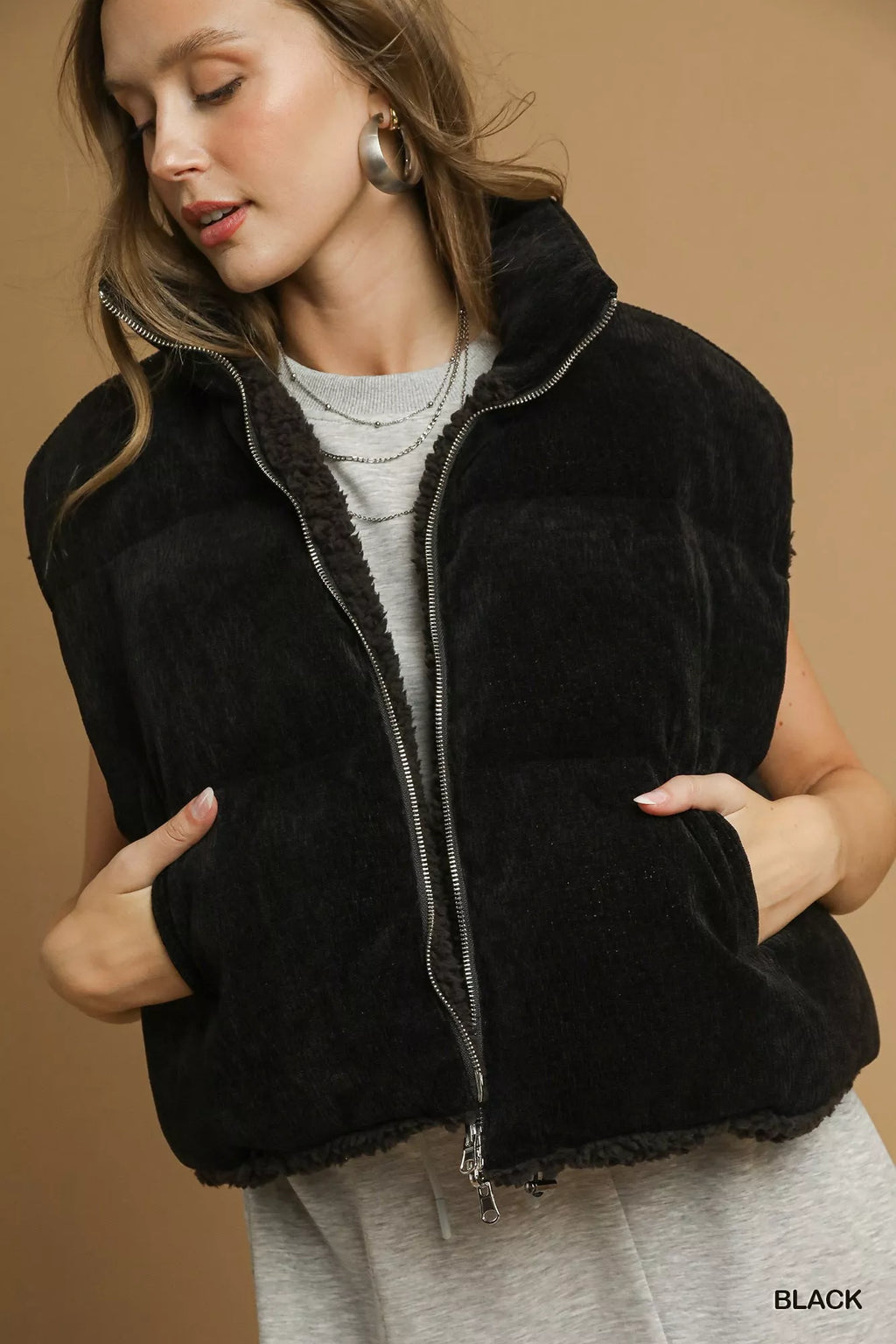 Umgee Sherpa-Lined Zip Vest with Drawstring Hem - Lilixa.store