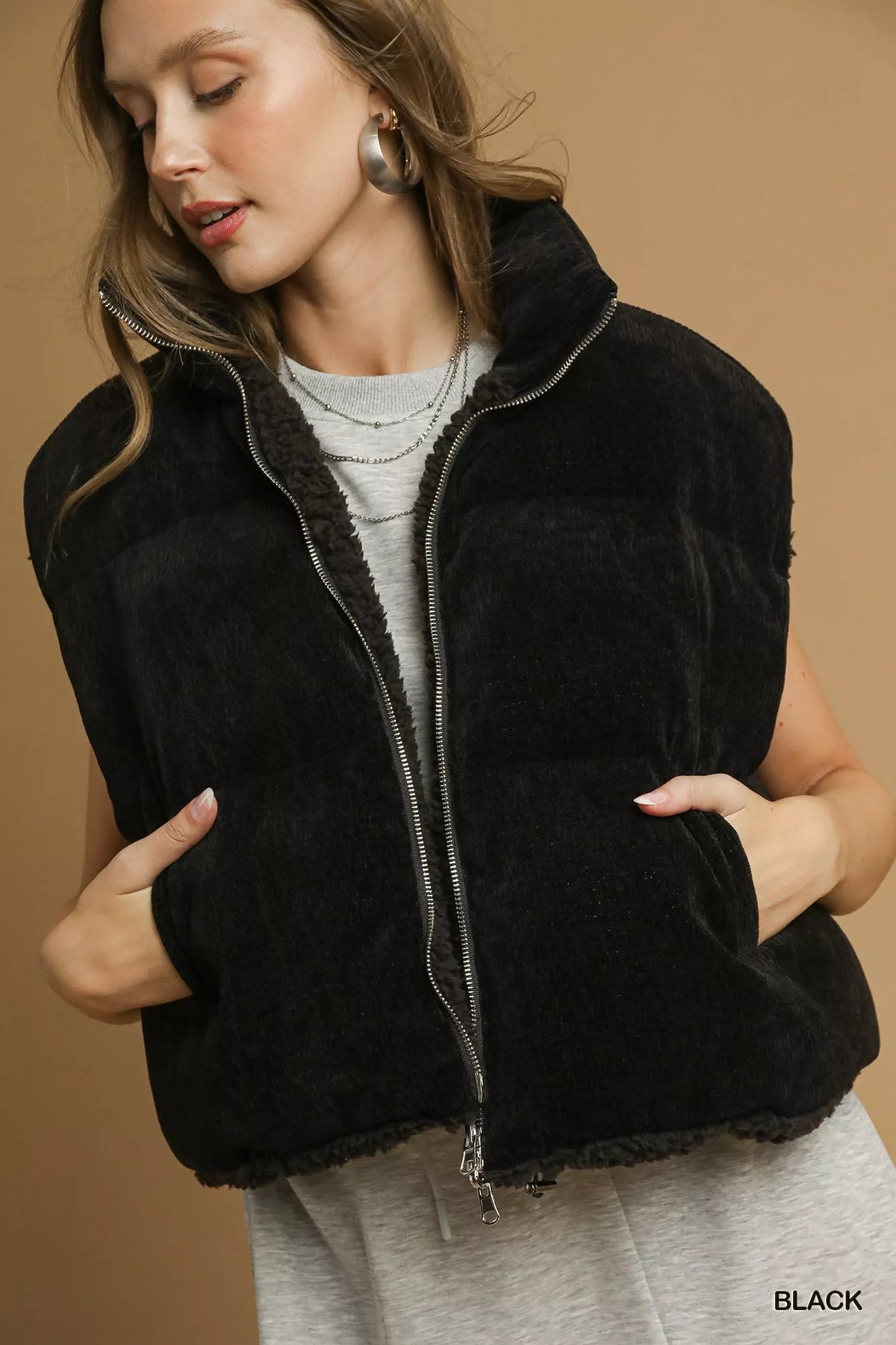 Umgee Sherpa-Lined Zip Vest with Drawstring Hem - Lilixa.store