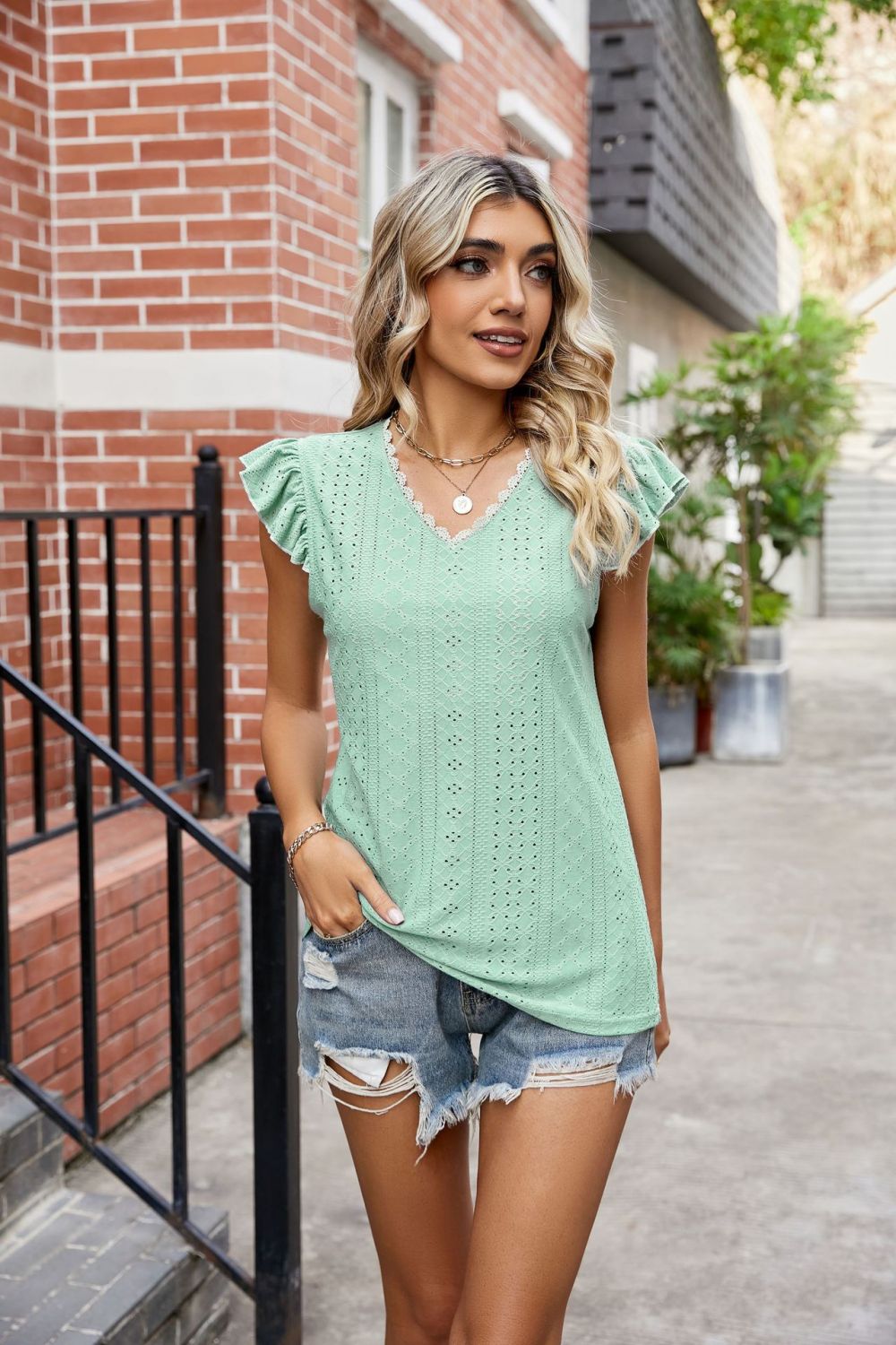 Eyelet Flutter Sleeve Scalloped V-Neck Top - Lilixa.store