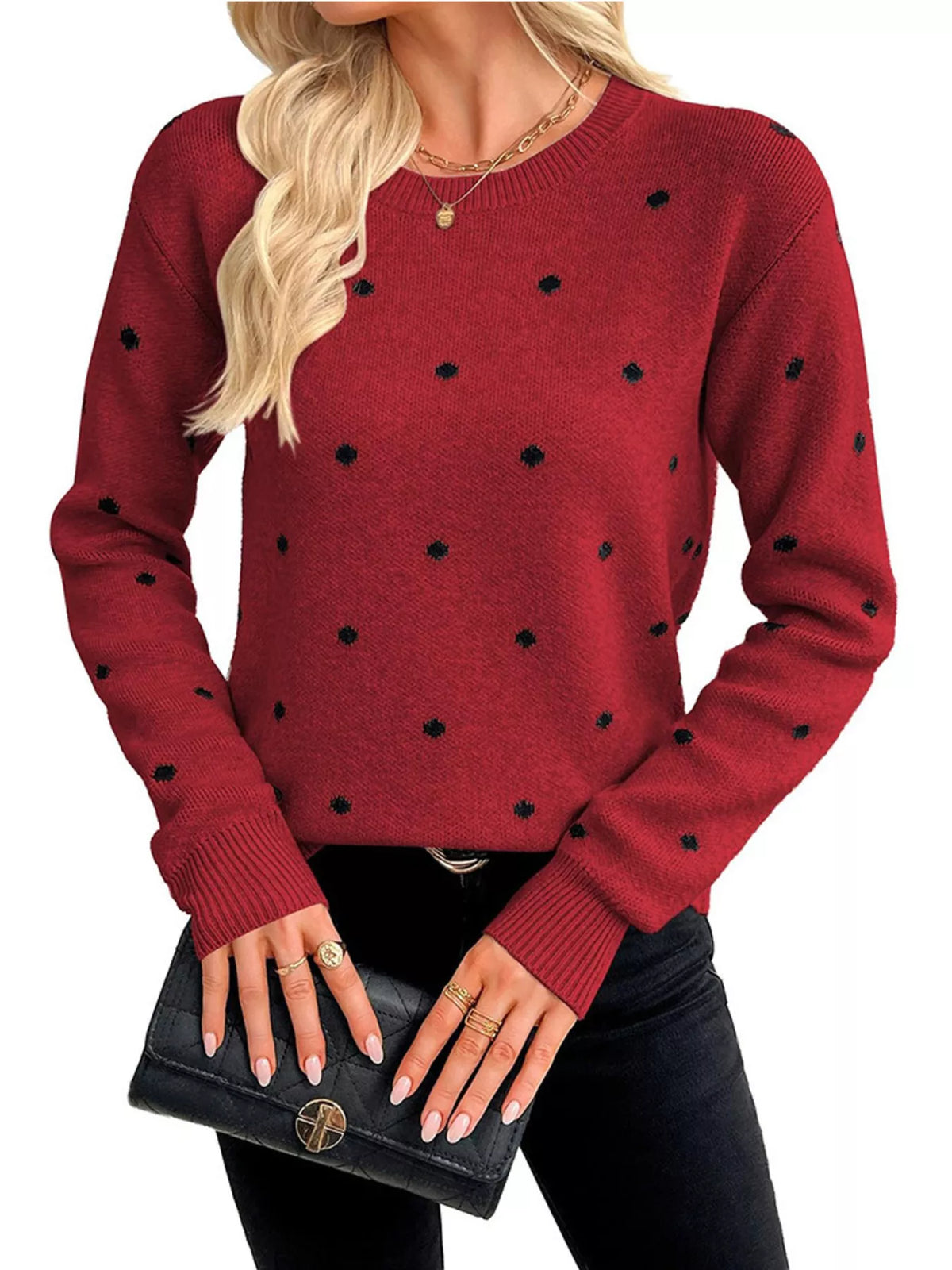 Polka Dot Crew Neck Sweater - Lilixa.store