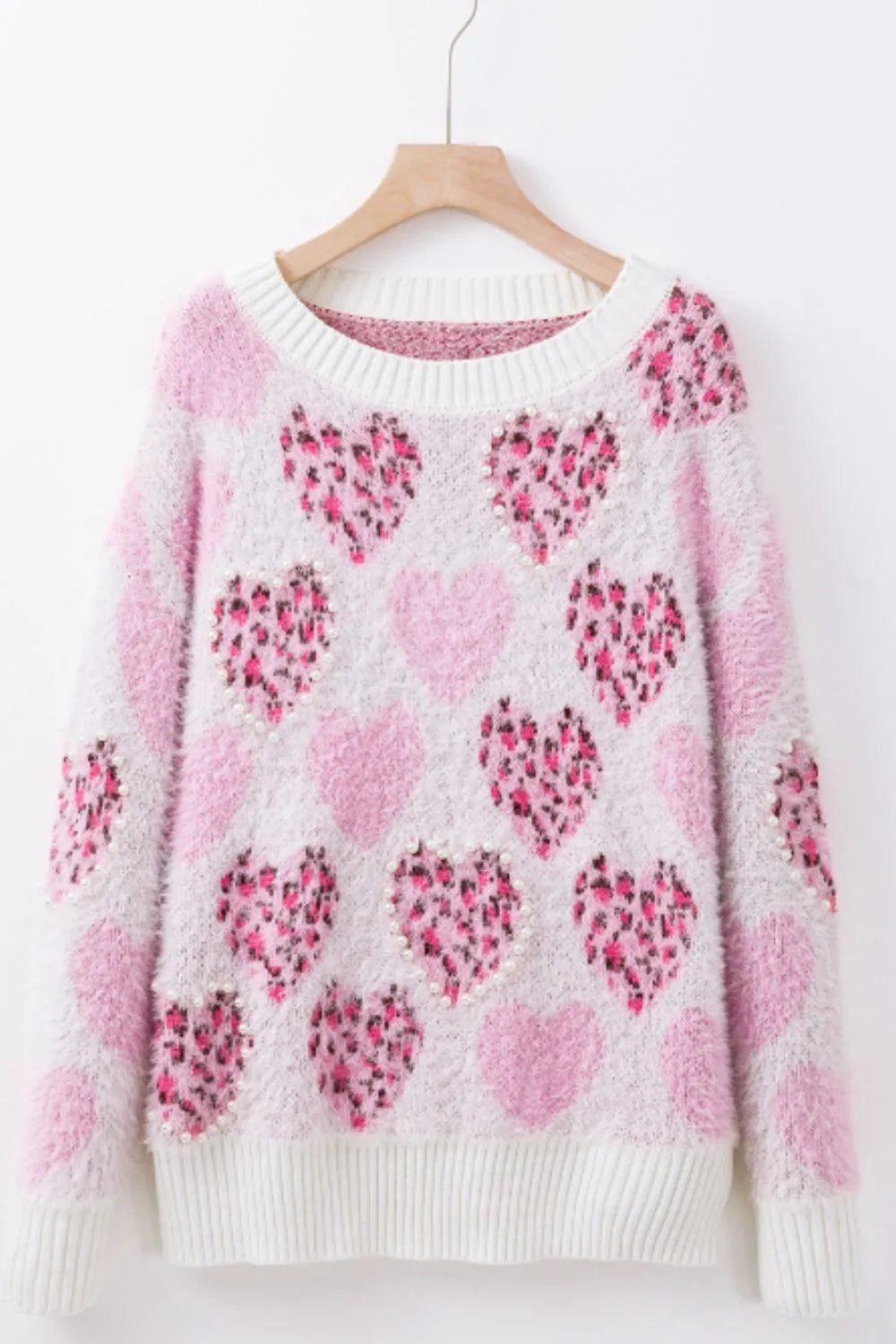 Pearl Detail Heart Round Neck Sweater - Lilixa.store