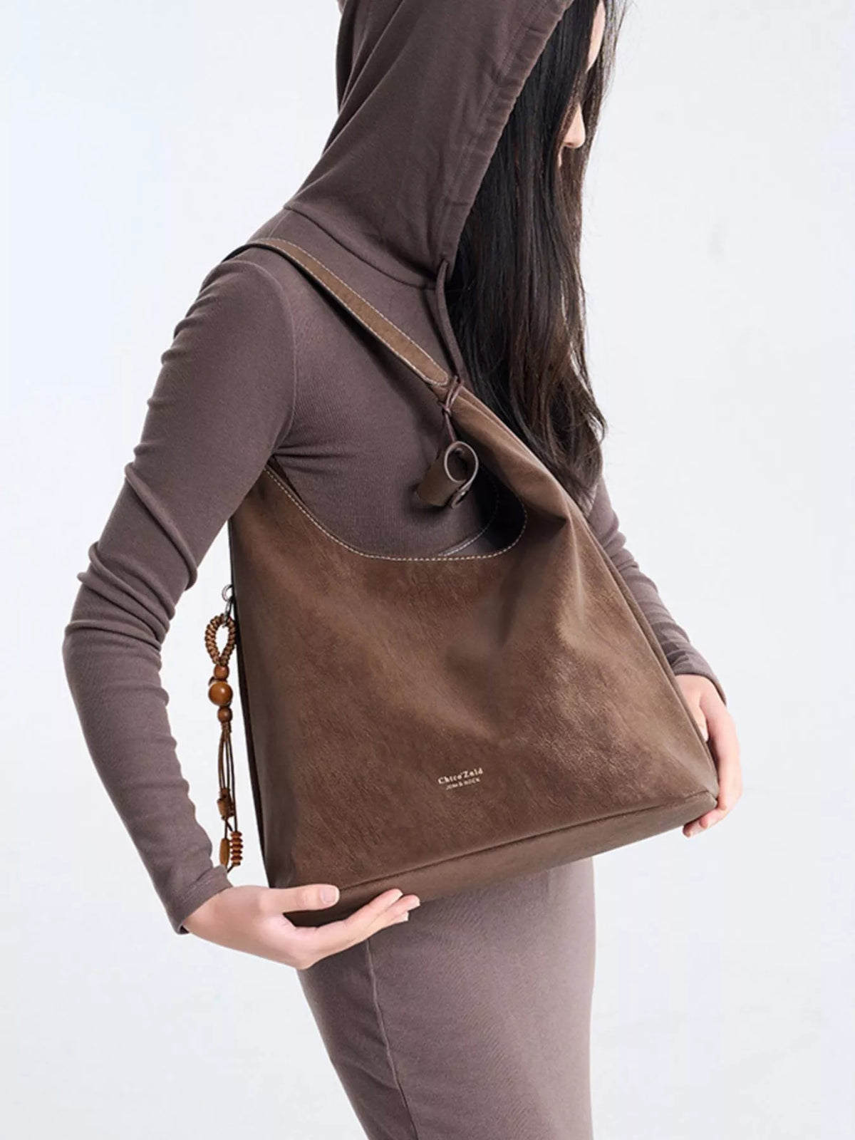 Suede Hobo Shoulder Bag with Decorative Tassel in Brown, view 5