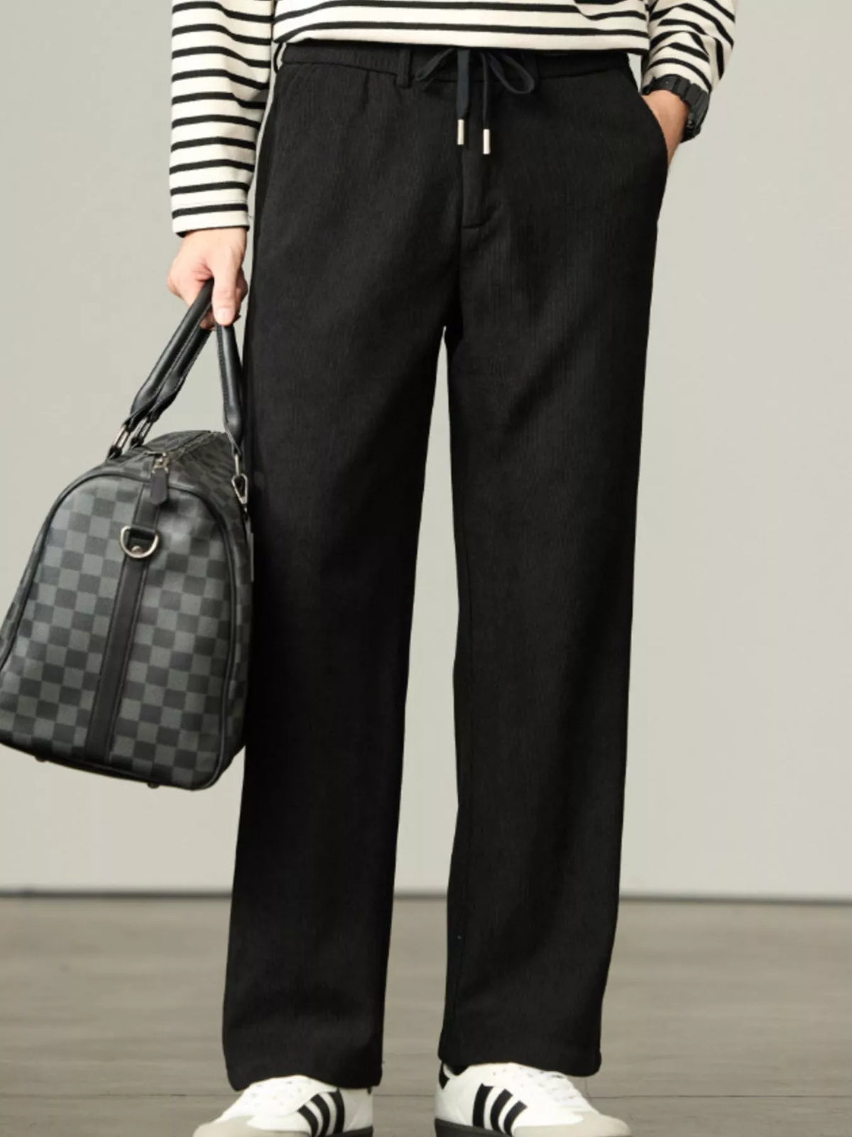 Men's Plus Size Casual Corduroy Drawstring Pants in Black