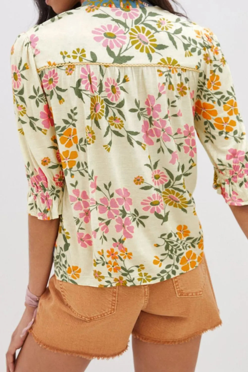 Multicolour Crochet V Neck Half Sleeve Boho Floral Blouse, view 5