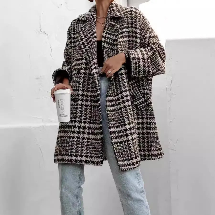 Houndstooth Collared Neck Long Sleeve Coat with Pockets, view 3