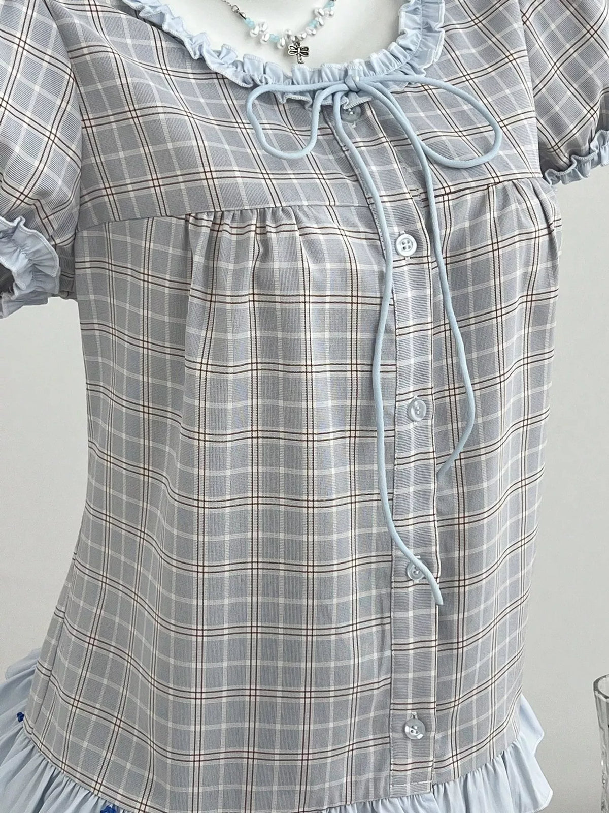 Plaid Ruffle Trim Puff Sleeve Blouse in Blue, view 2