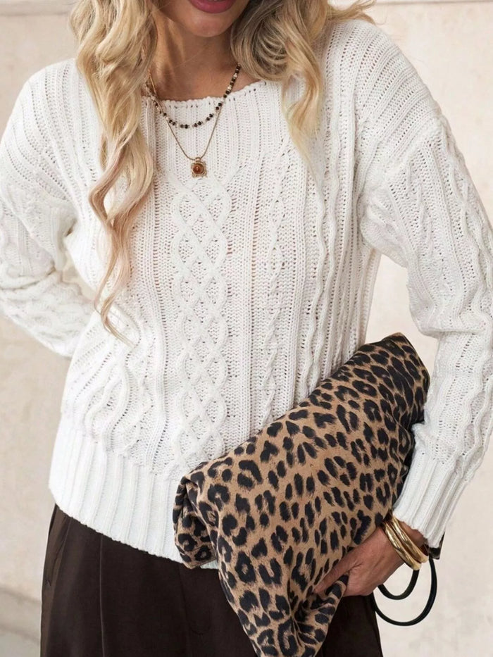 Cable-Knit Round Neck Sweater in White