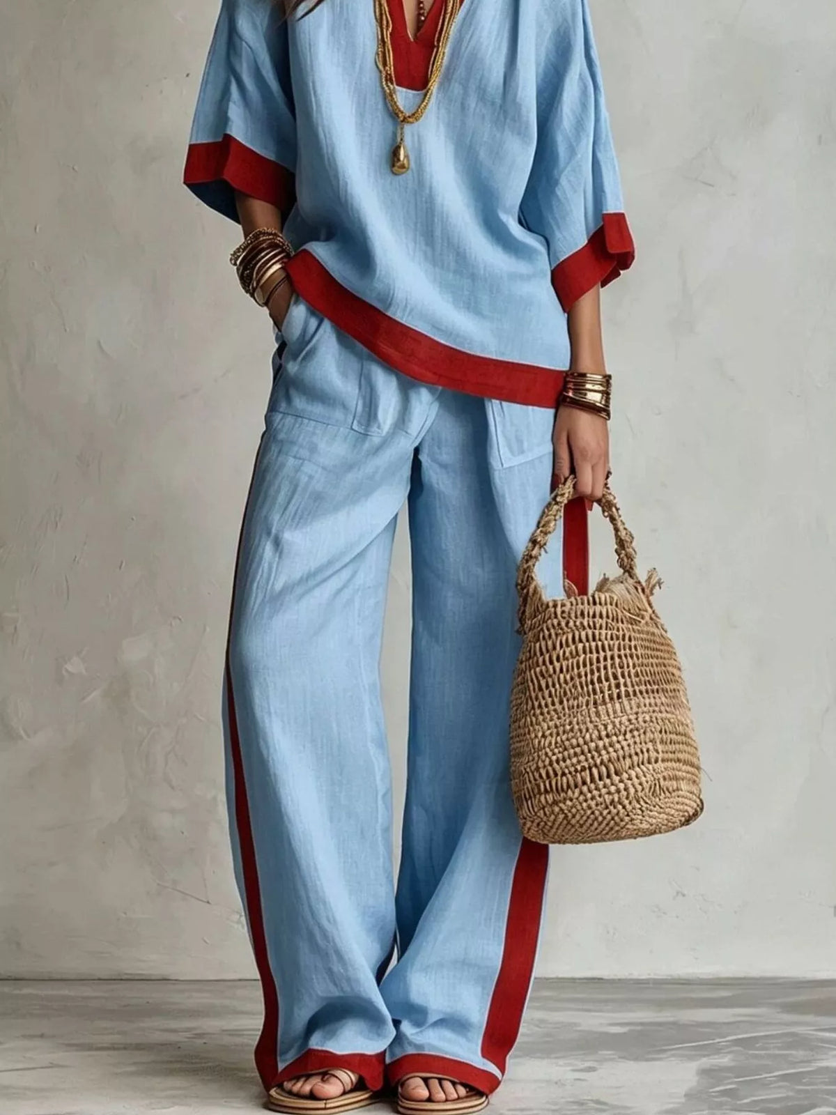 Full Size Contrast Trim Top and Wide Leg Pants Set Plus Size