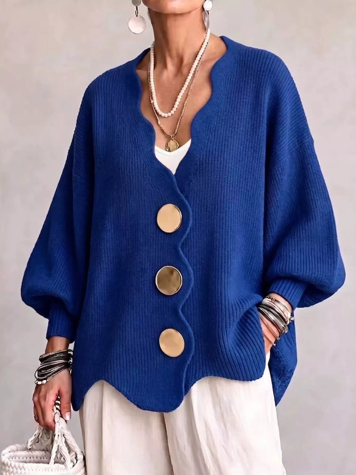 Full Size Scalloped-Edge Oversized Button-Down Cardigan Plus Size