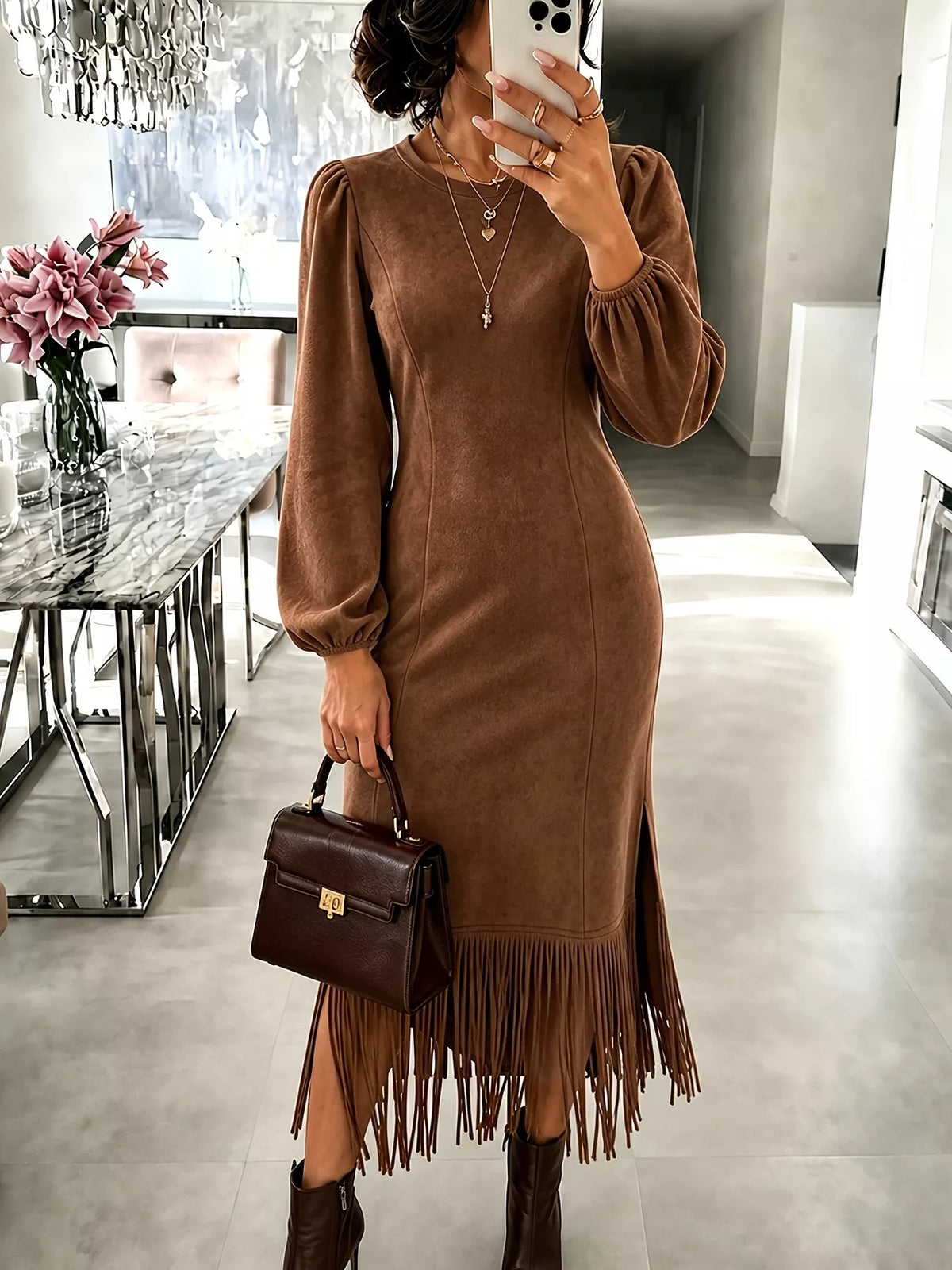 Fringe Balloon Sleeve Midi Dress