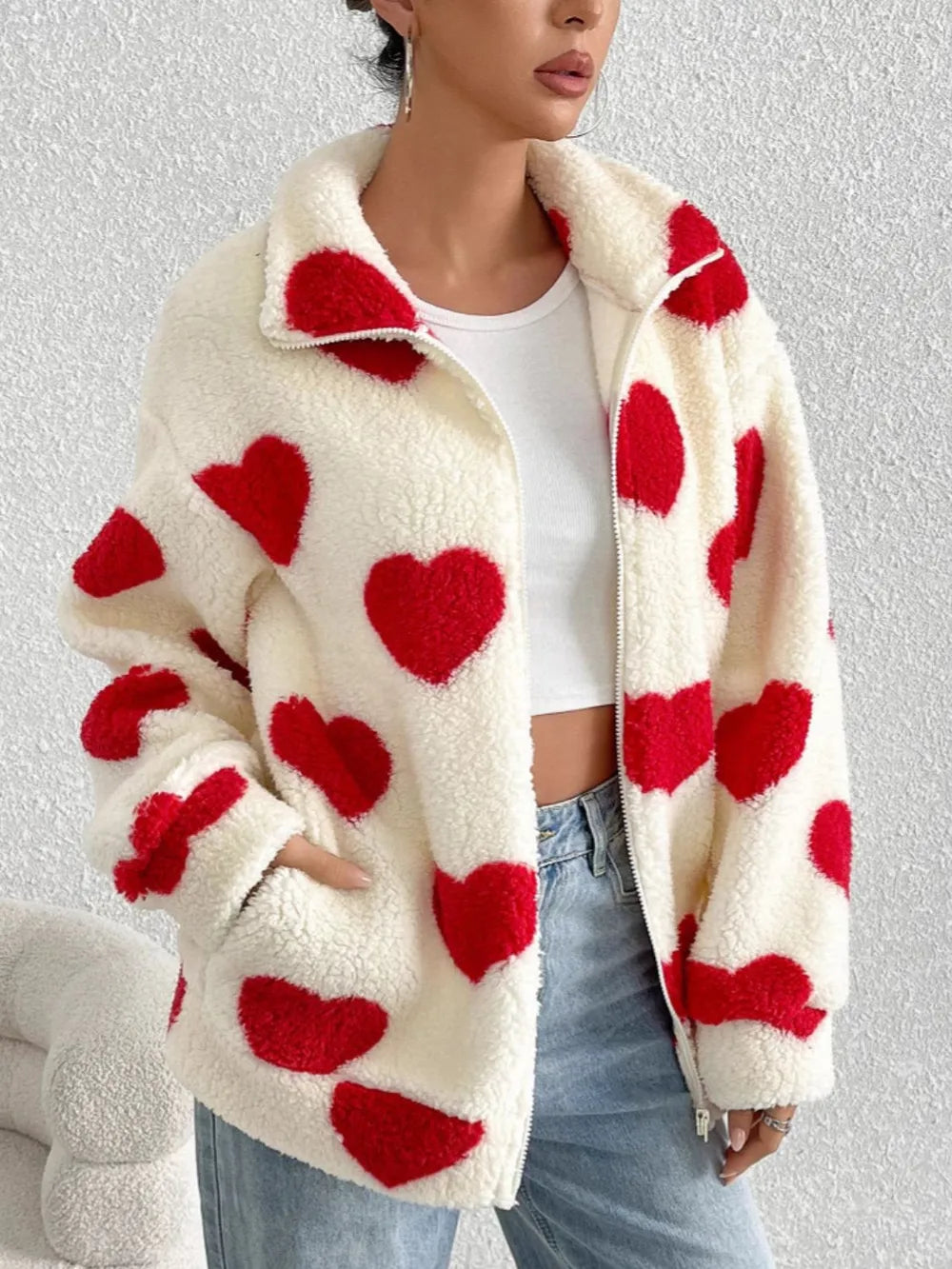 Heart Zip Up Drop Shoulder Furry Jacket, view 3