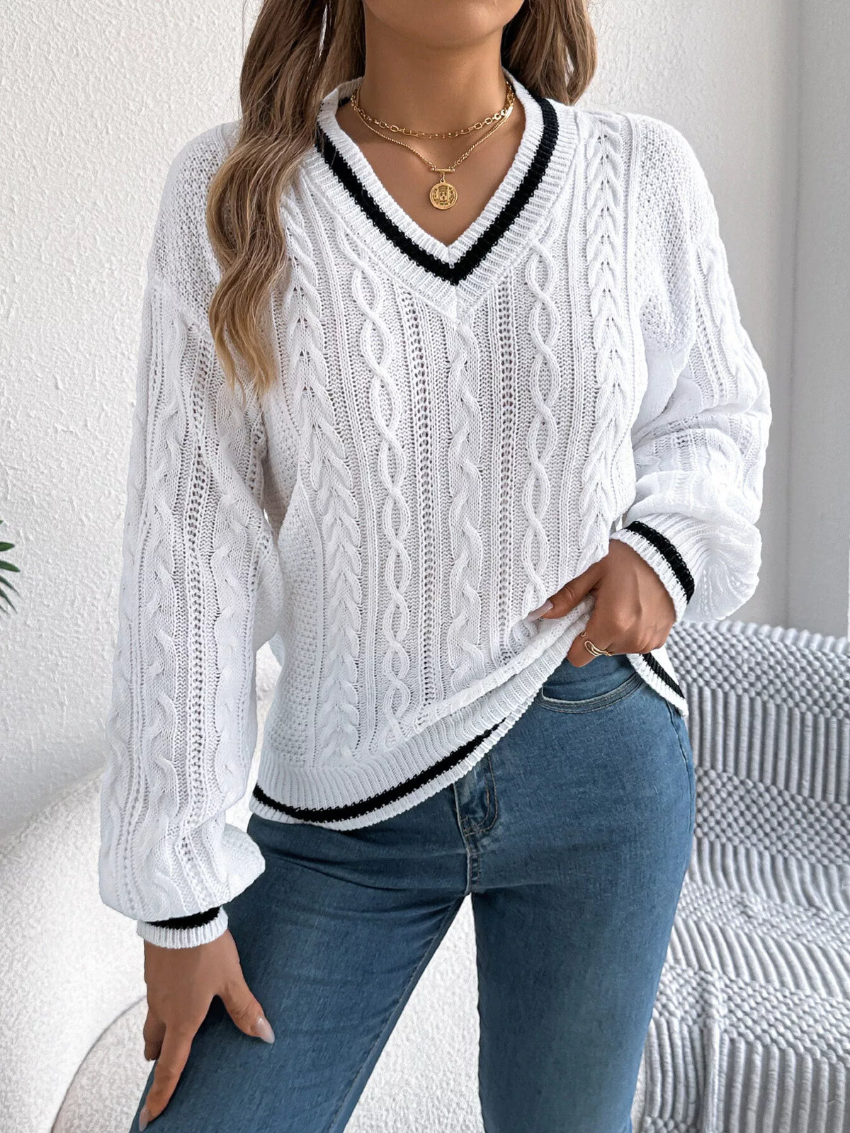V-Neck Cable Knit Sweater with Striped Trim