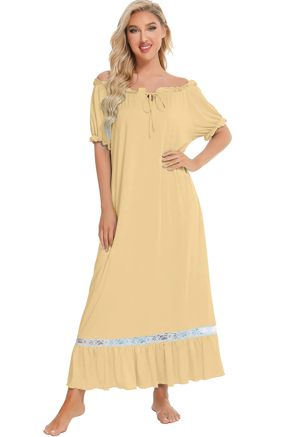 Lace Detail Short Sleeve Lounge Dress - Lilixa.store