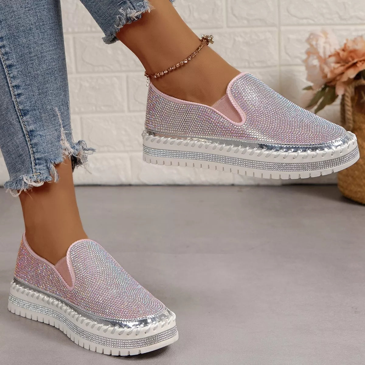 Rhinestone Round Toe Platform Loafers, view 3