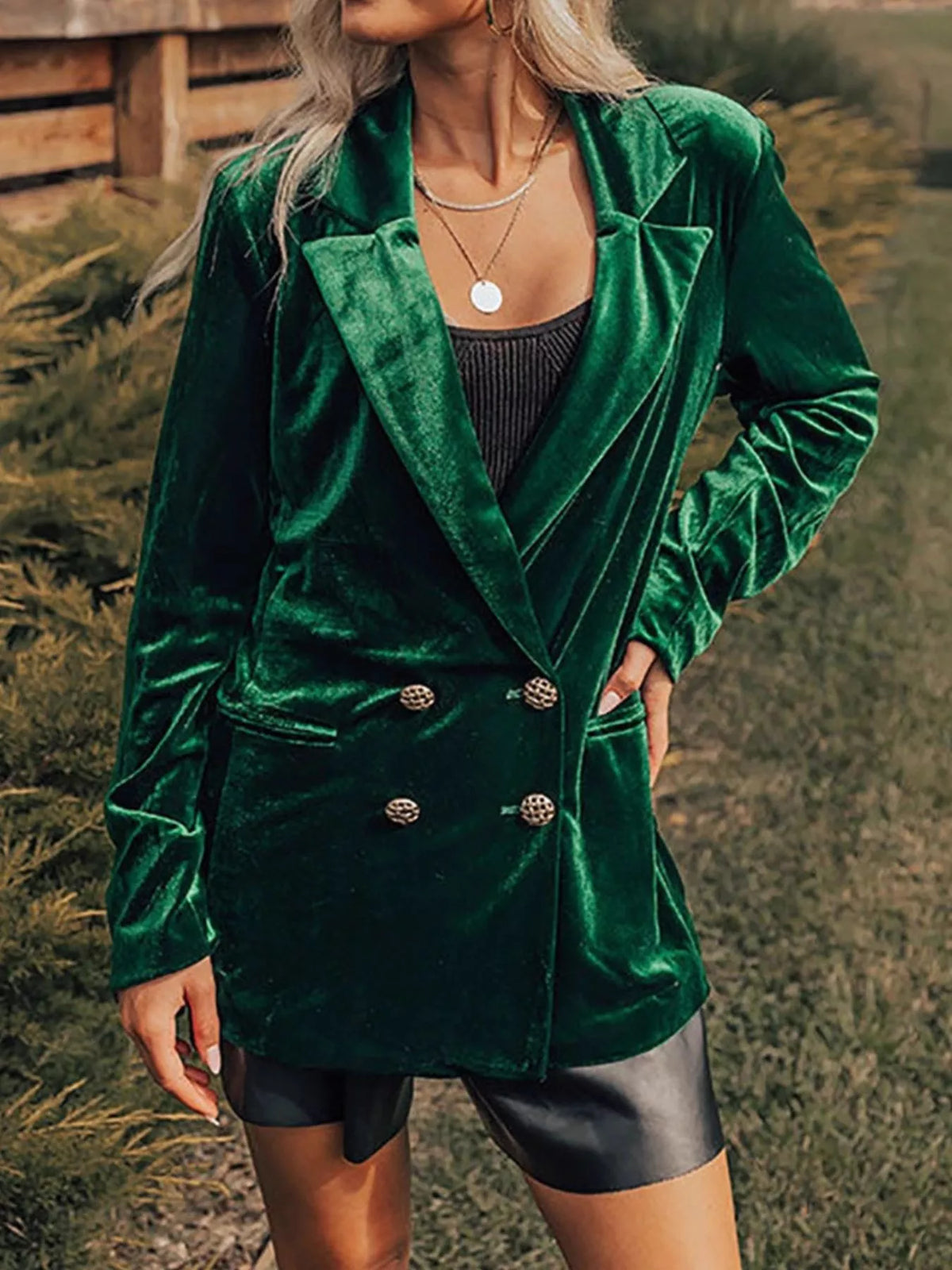 Velvet Lapel Collar Button Up Blazer - Lilixa.store