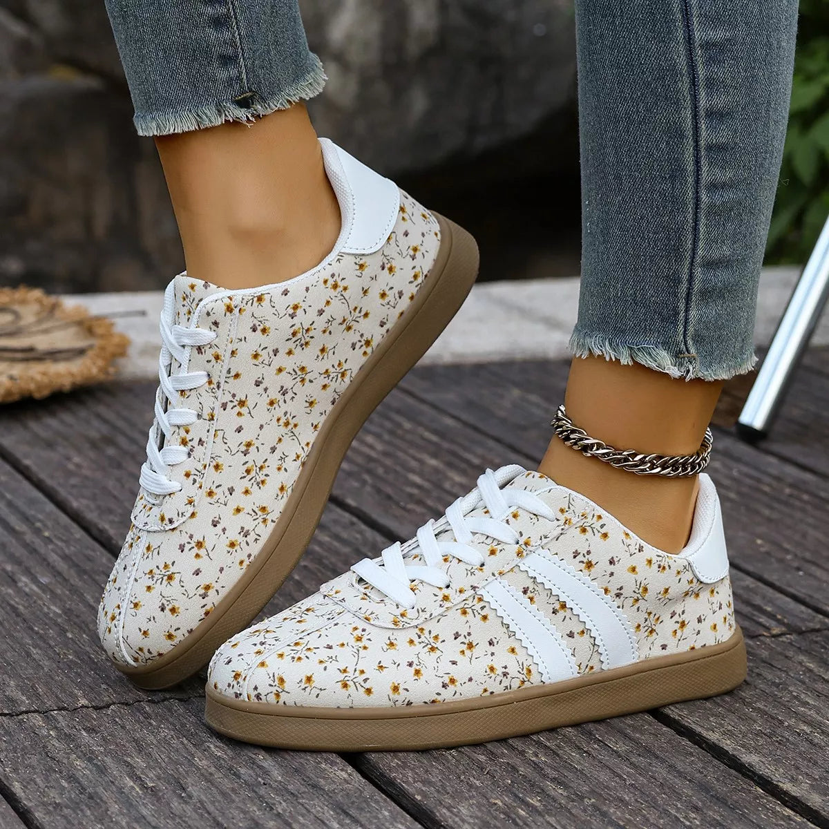 Floral Print Sneakers with Side Stripes - Lilixa.store