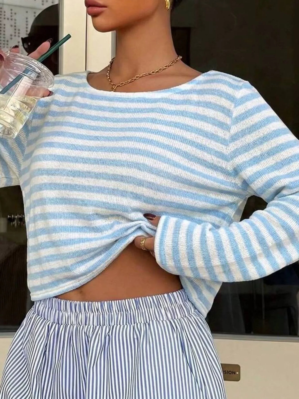 Boat Neck Striped Long Sleeve T-Shirt