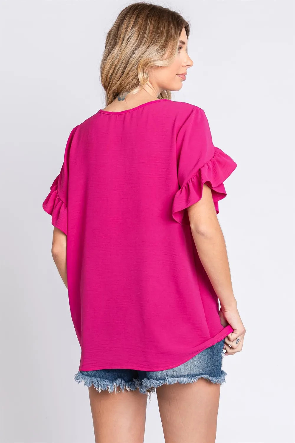 GeeGee V-Neck Ruffle Trim Short Sleeve Blouse - Lilixa.store