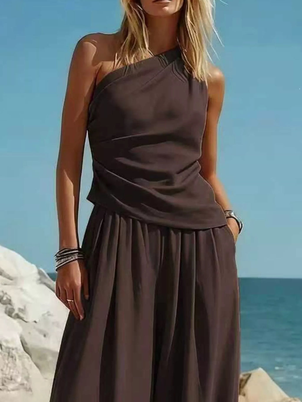 Full Size One-Shoulder Sleeveless Top and Harem Pants Set Plus Size - Lilixa.store