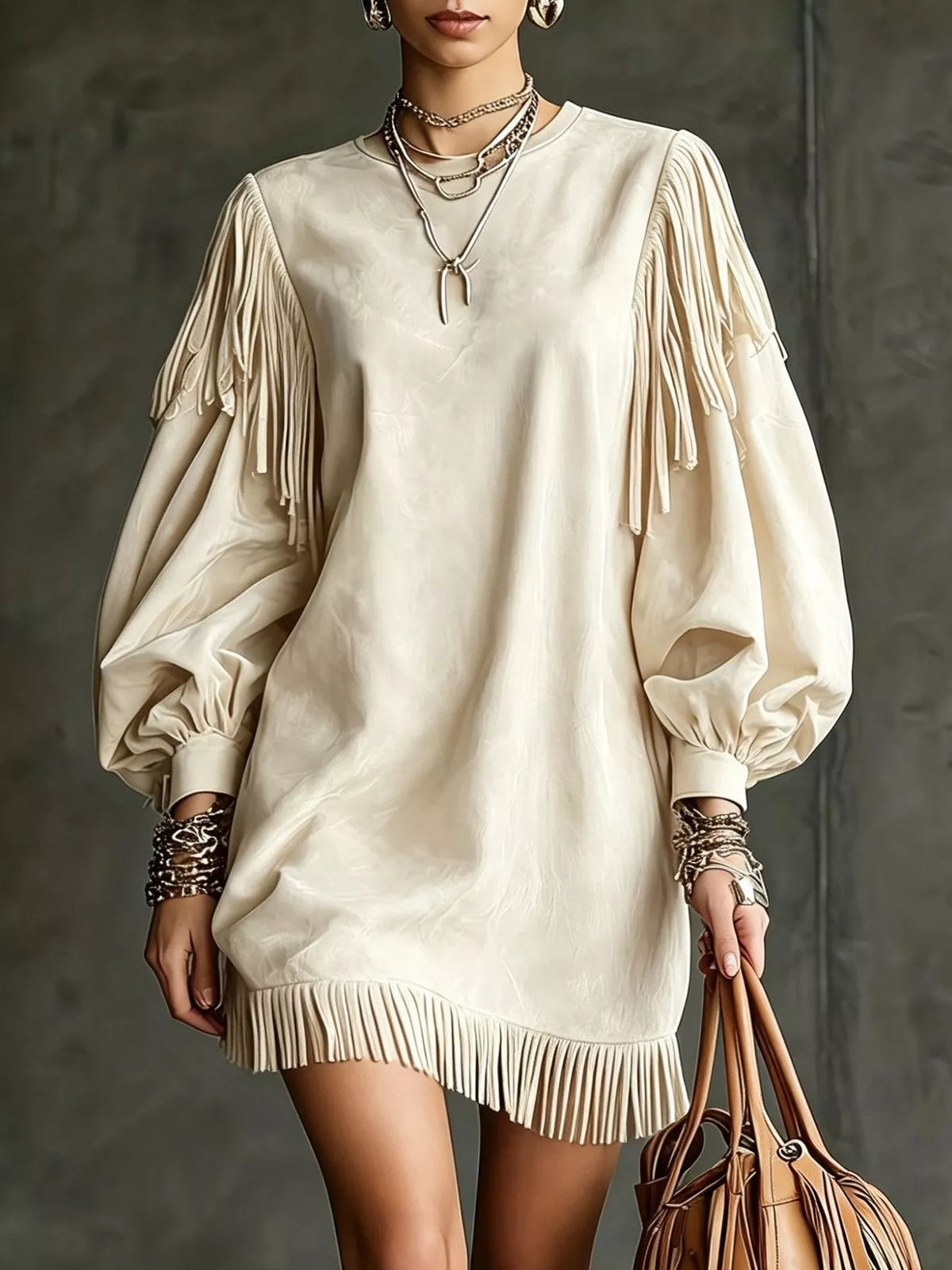 Fringe Detail Lantern Sleeve Mini Dress - Lilixa.store