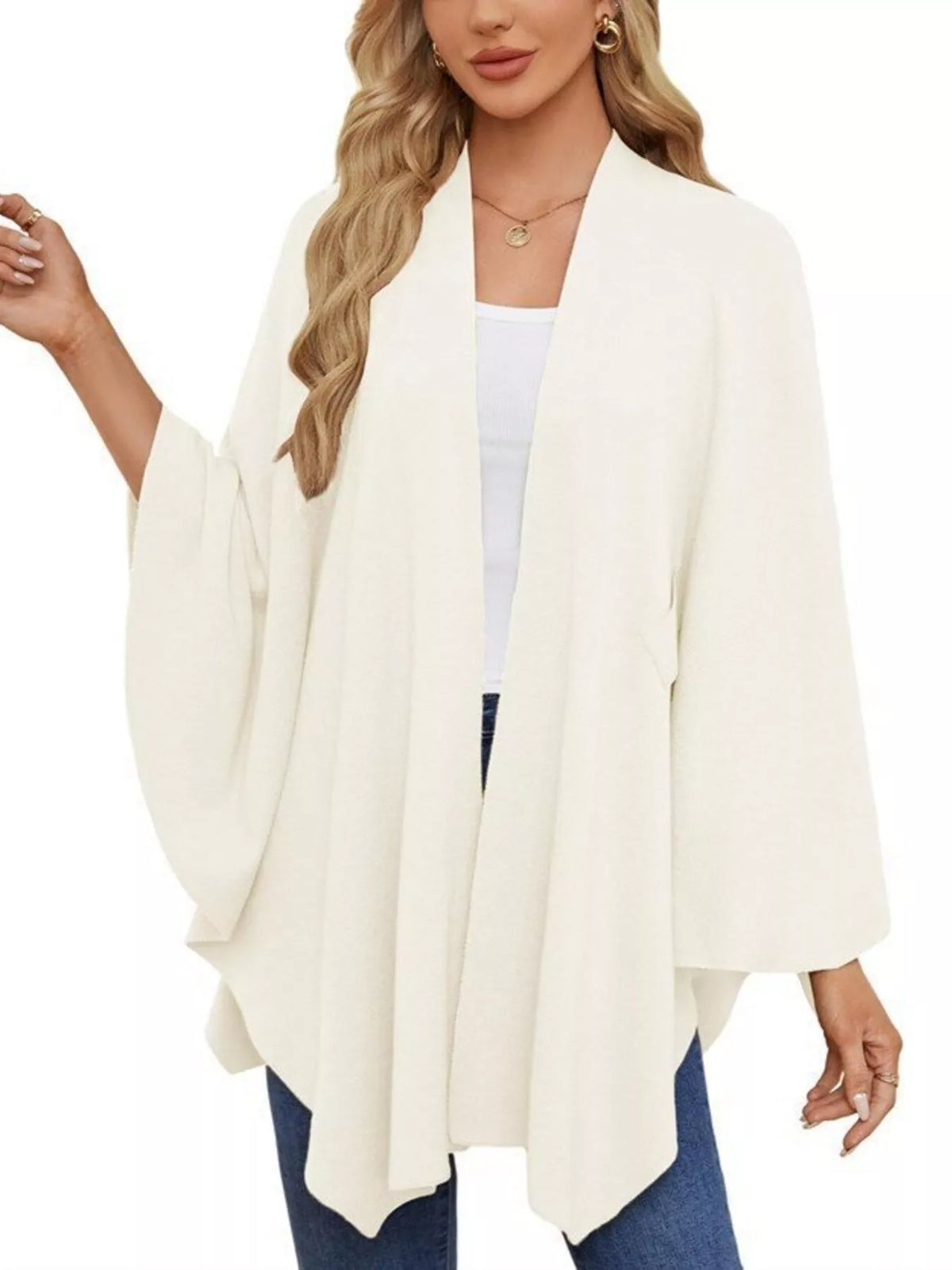 Solid Color Tie-Front Knit Cape Top, view 5