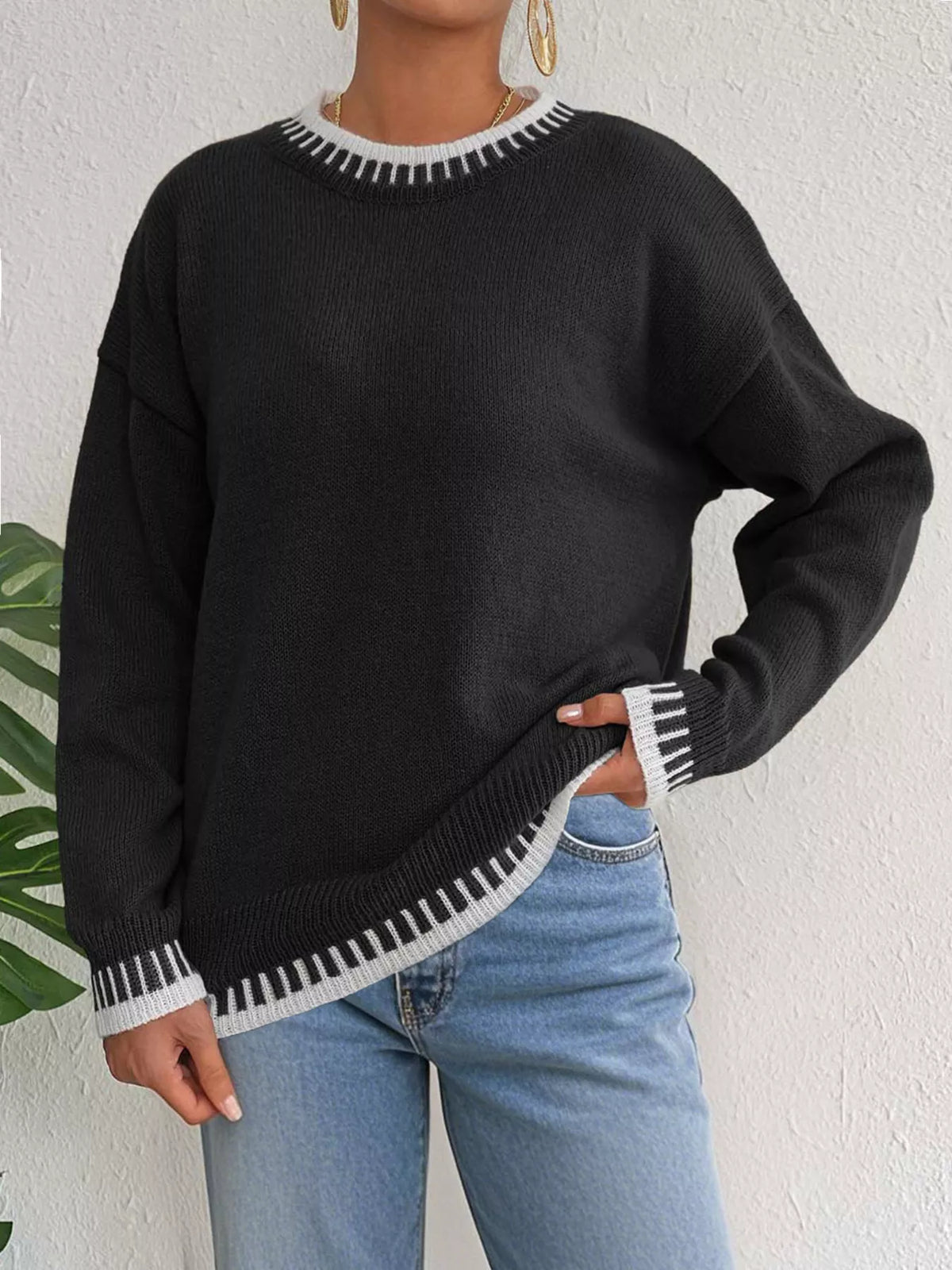 Contrast Trim Crew Neck Drop Shoulder Sweater - Lilixa.store