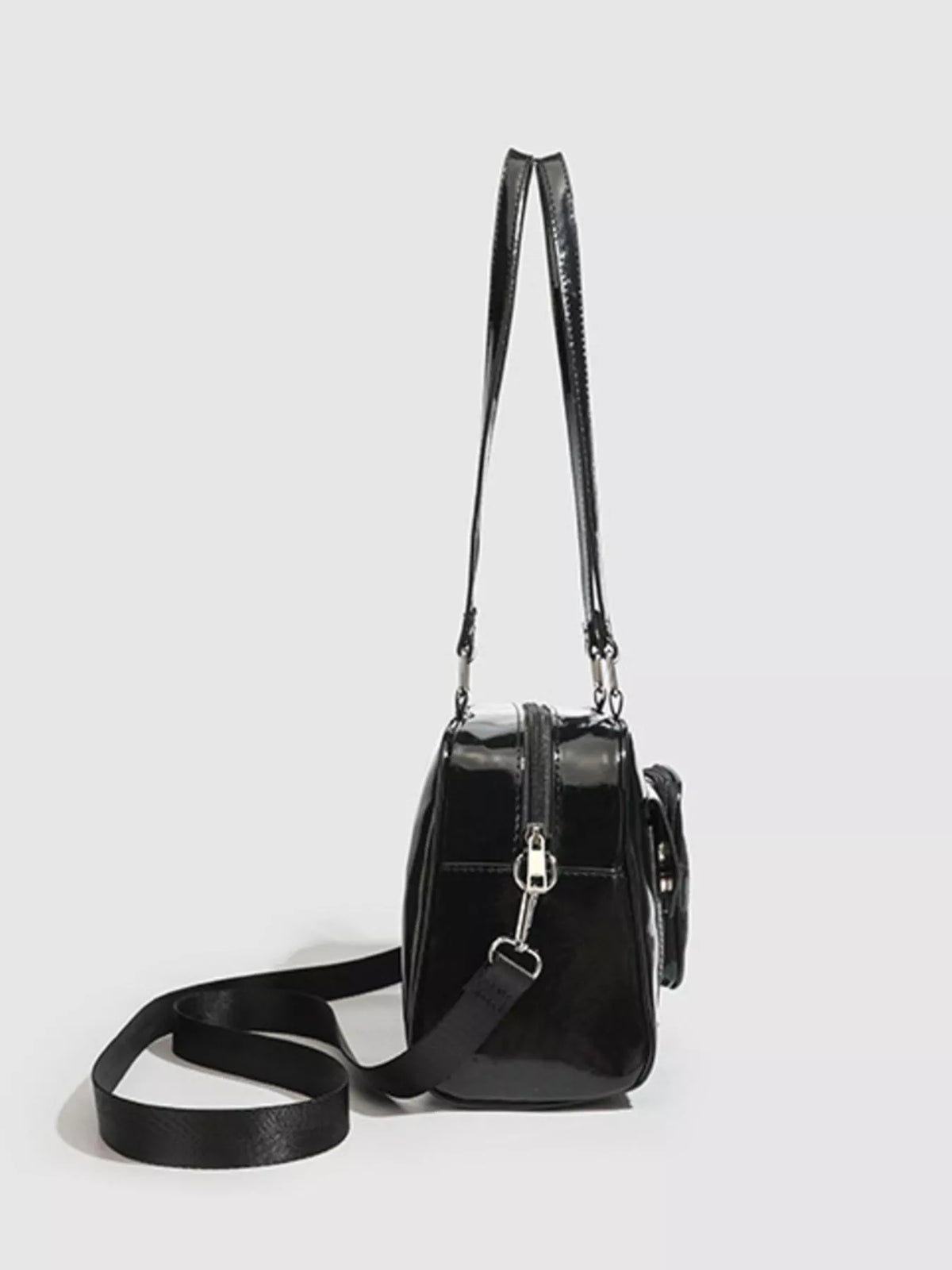 Glossy Patent Leather Multi-Pocket Shoulder Bag in Black, view 4
