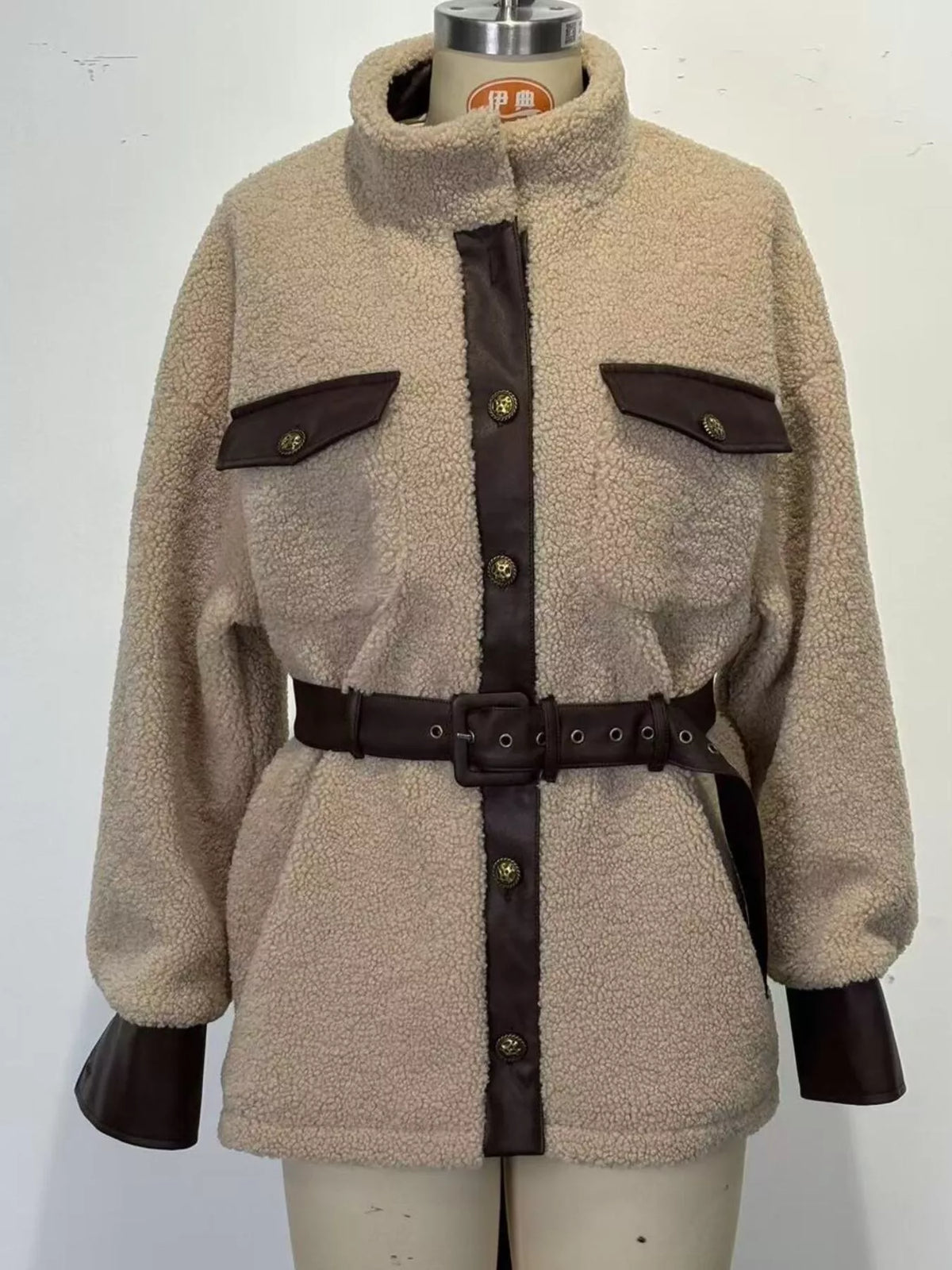 Leather Trim Sherpa Outerwear with Pockets in Khaki, view 4