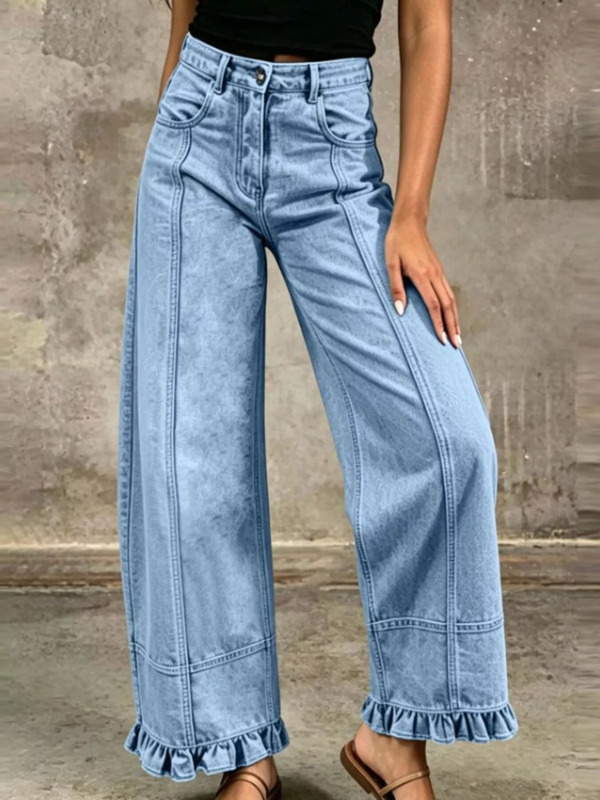 Full Size High-Waisted Wide-Leg Ruffle Hem Jeans Plus Size in Light Blue