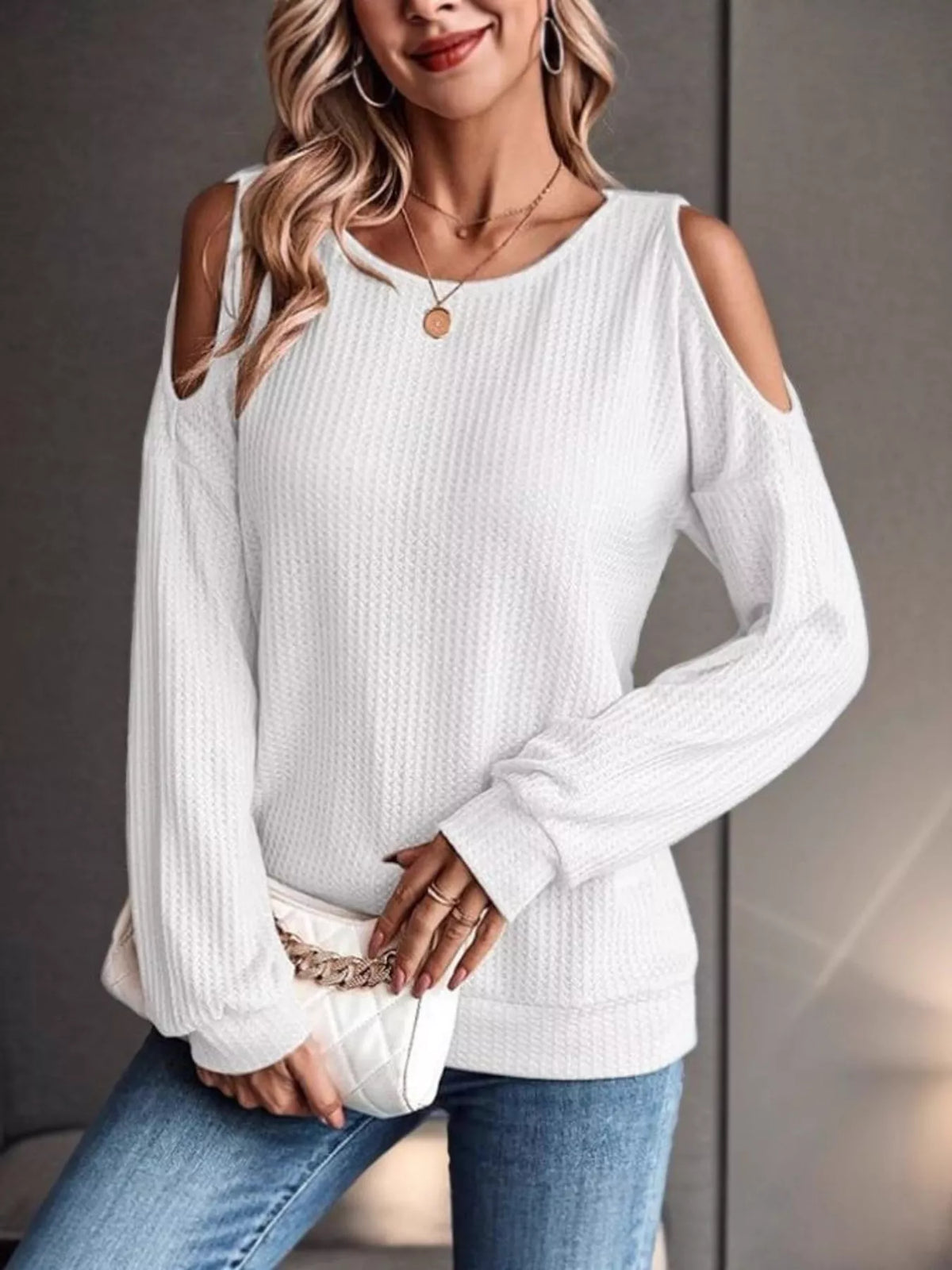 Solid Color Cold Shoulder Long Sleeve T-Shirt - Lilixa.store