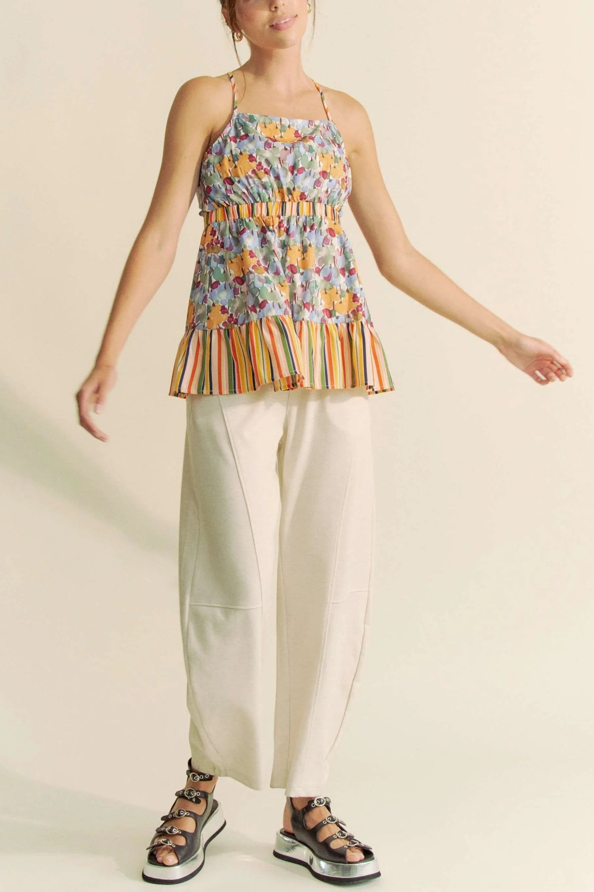 Davi & Dani Floral Smocked Sleeveless Ruffle Back Tie Top - Lilixa.store