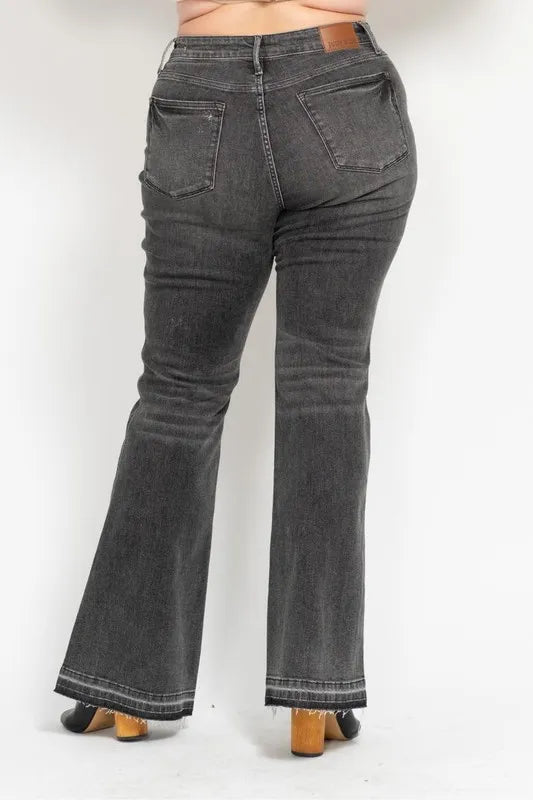 Judy Blue Full Size Mid Rise Tummy Control Washed Gray Release Hem Flare Jeans Plus Size - Lilixa.store