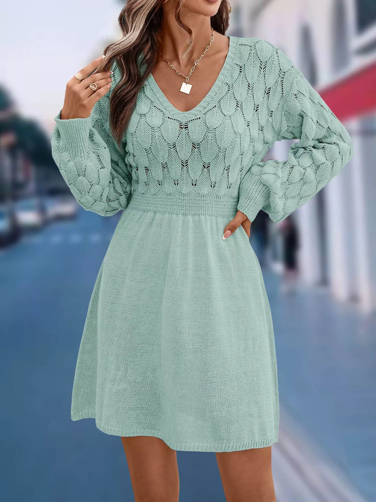 V-Neck Long Sleeve Sweater Dress, view 16