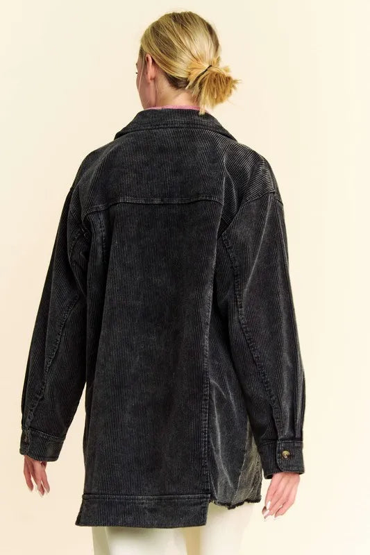 Davi & Dani Washed Corduroy Raw Hem Button Up Jacket in Black, view 2