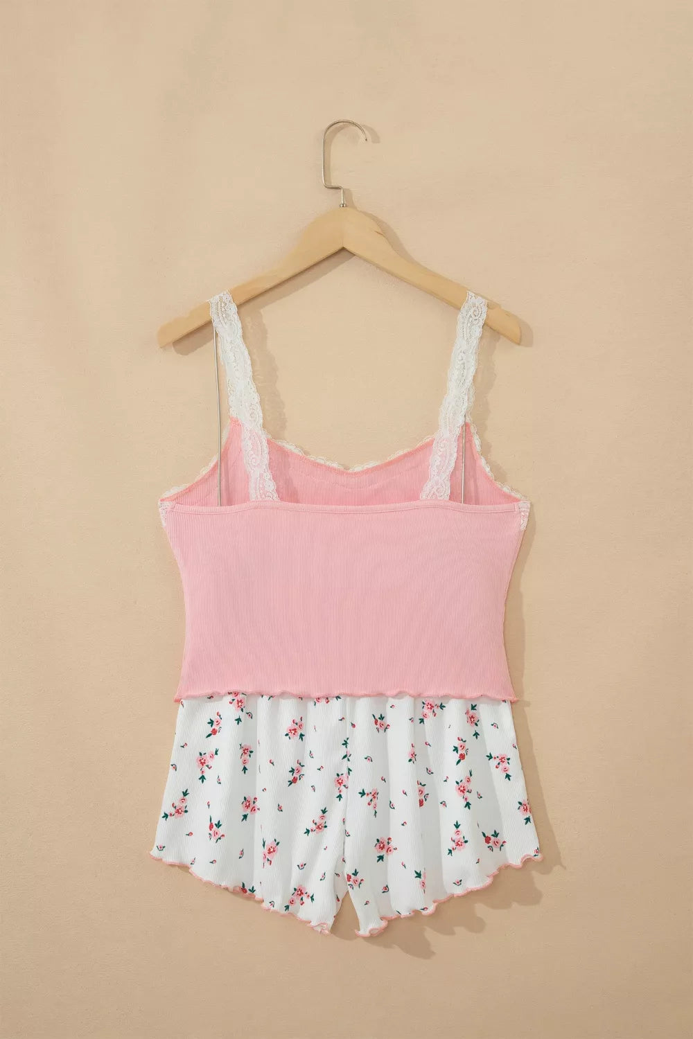 Ribbed Knit Lace Straps Patchwork Lettuce Hem Cropped Top Floral Short Lounge Set - Lilixa.store