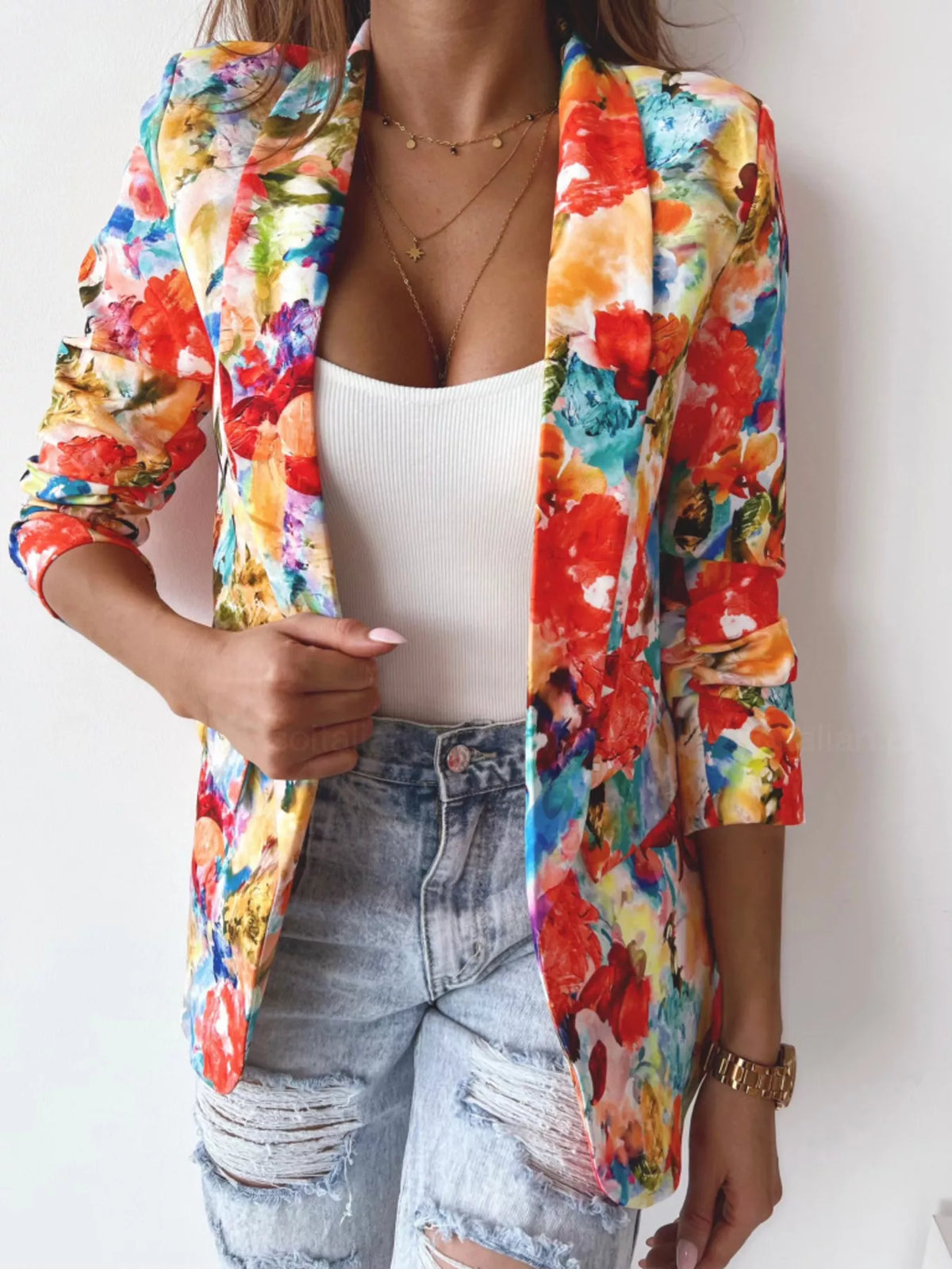 Vibrant Floral Print Open Front Blazer - Lilixa.store
