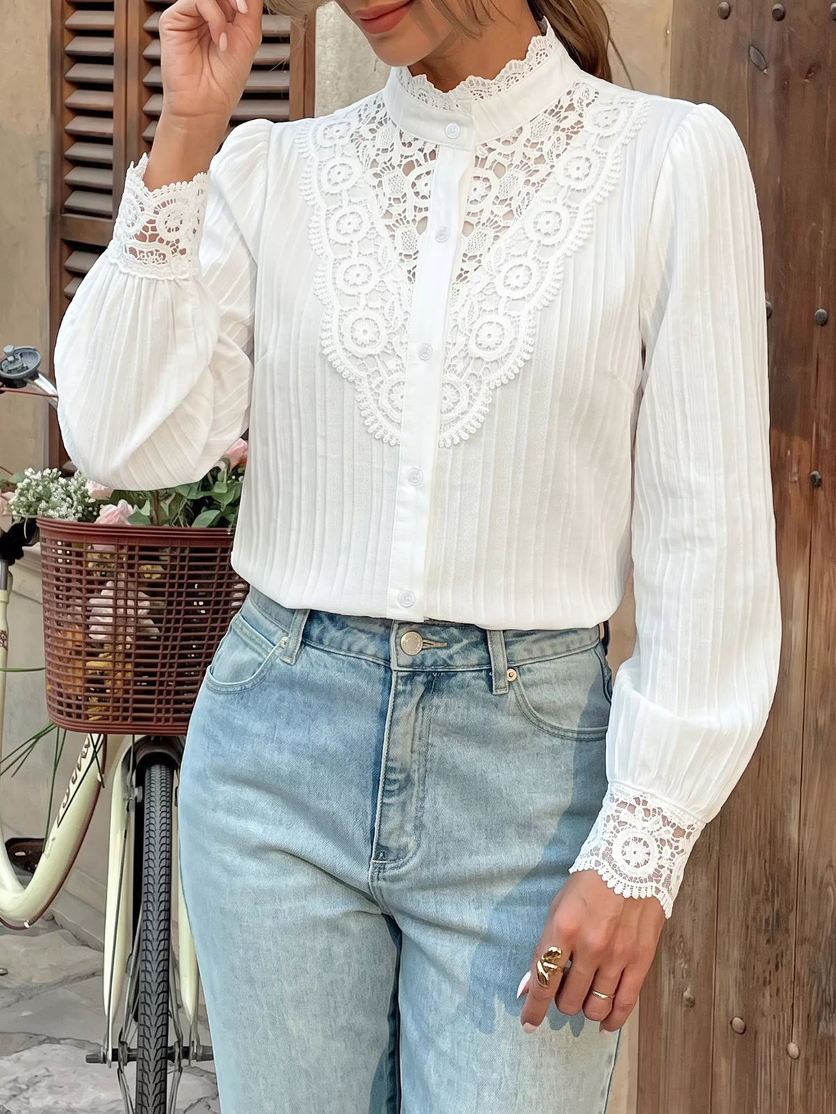 Lace Detail Long Sleeve Shirt - Lilixa.store