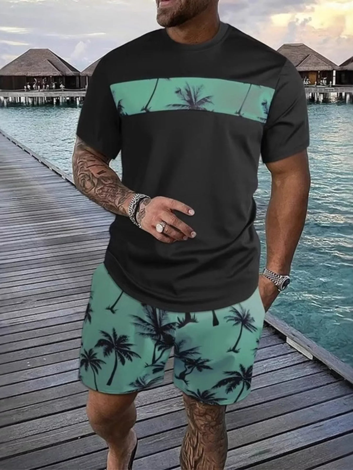 Men's Full Size Tropical Palm Tree Tee and Shorts Set Plus Size - Lilixa.store