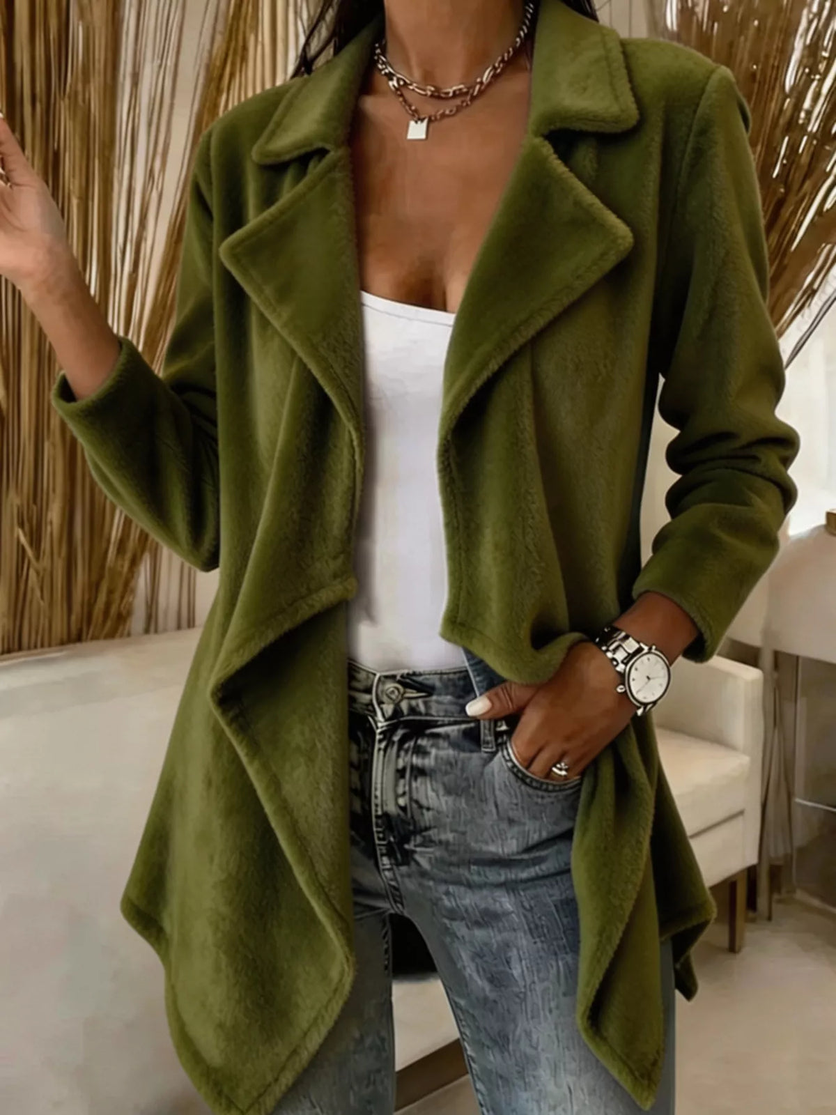 Full Size Fleece Waterfall Collar Outerwear Plus Size in Green