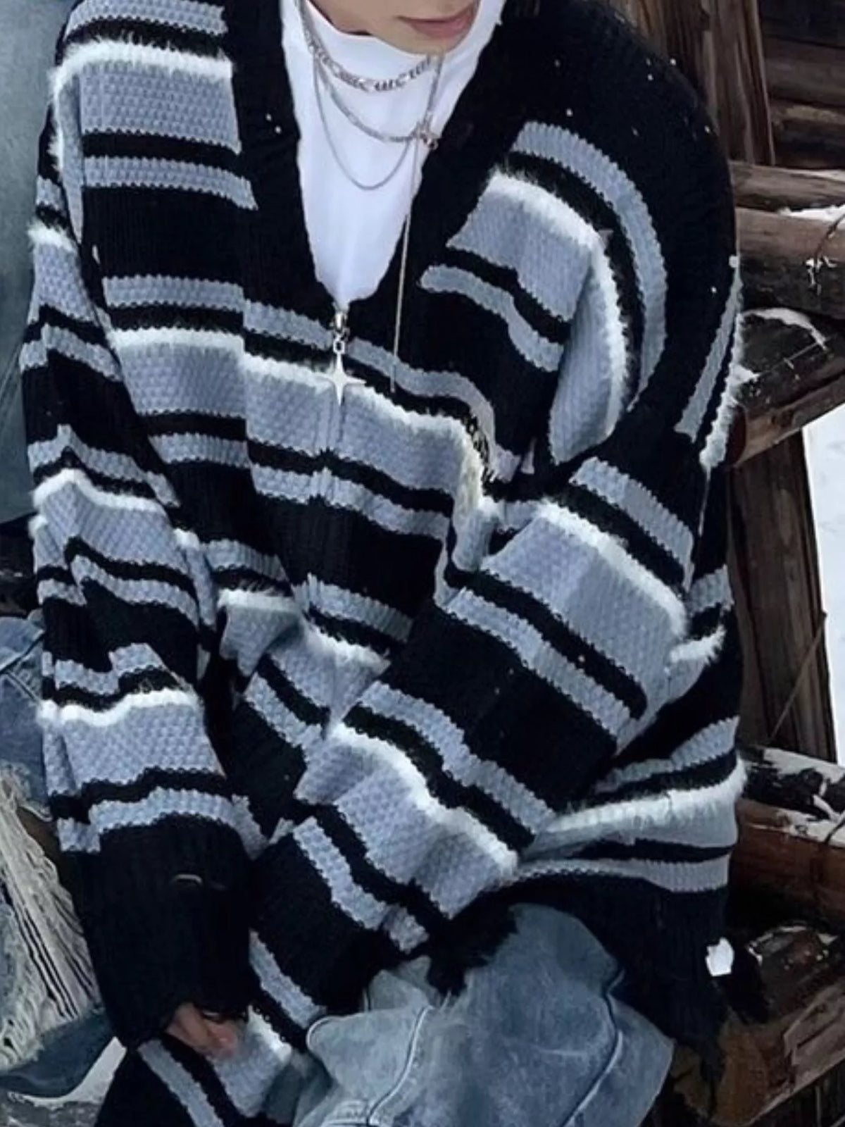 Men's Plus Size Striped Distressed Zip-Up Cardigan - Lilixa.store